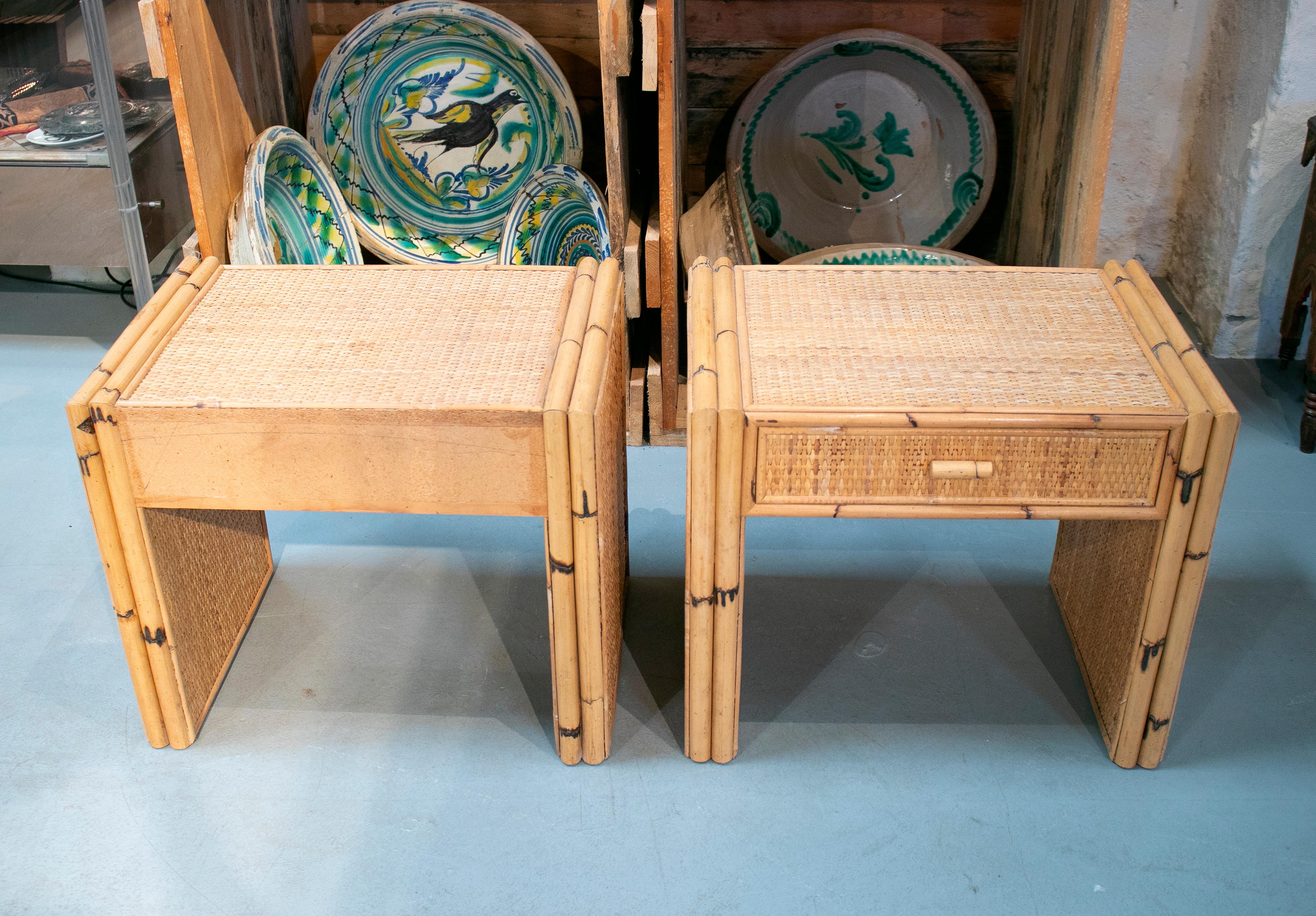 1970s Spanish Pair of Bamboo and Rattan One Drawer Bedside Tables In Good Condition In Marbella, ES