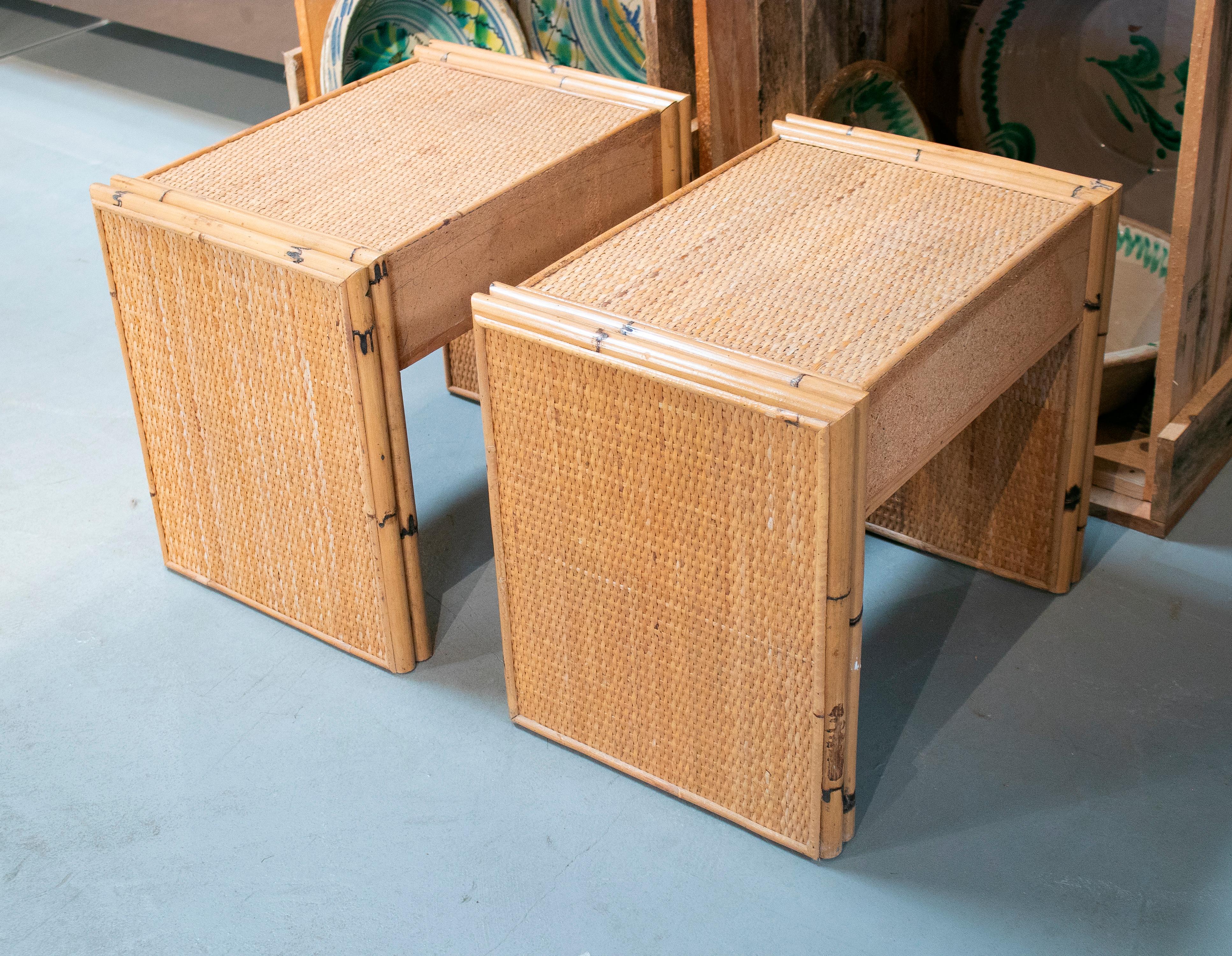 1970s Spanish Pair of Bamboo and Rattan One Drawer Bedside Tables 2