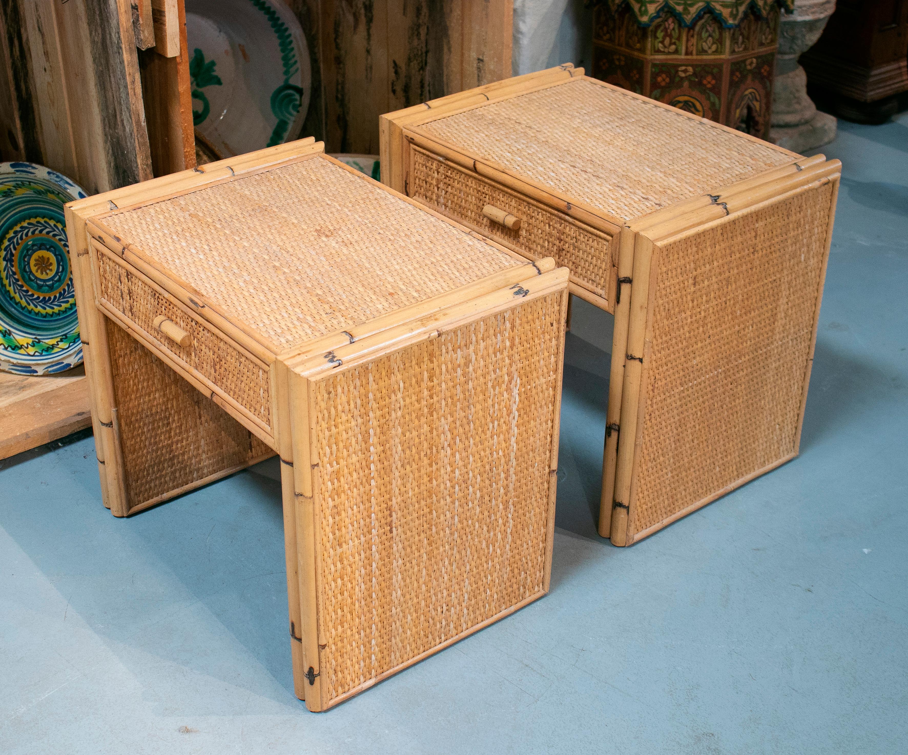 1970s Spanish Pair of Bamboo and Rattan One Drawer Bedside Tables 3