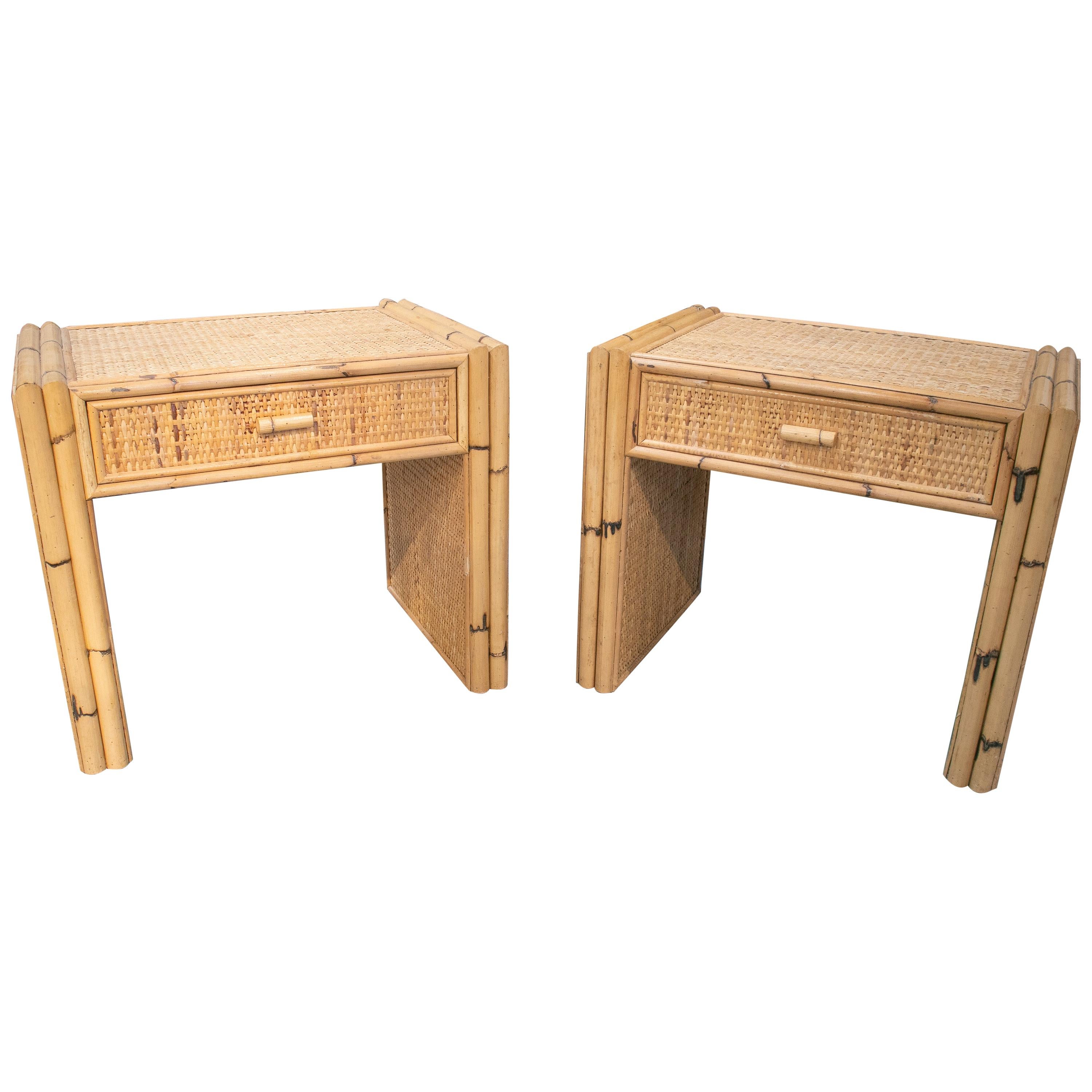 1970s Spanish Pair of Bamboo and Rattan One Drawer Bedside Tables