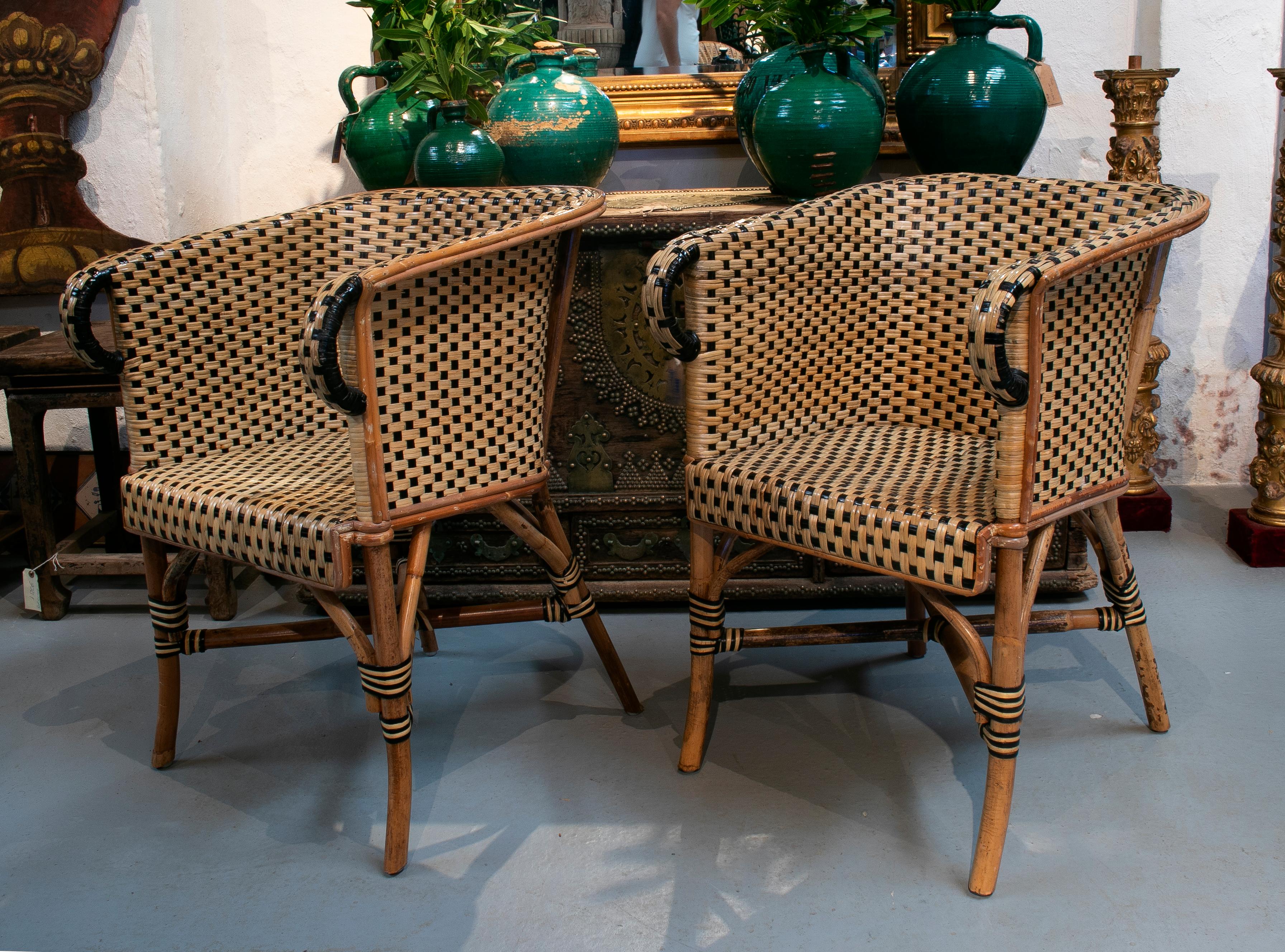 1970s Spanish Pair of Bamboo and Wicker Armchairs In Good Condition In Marbella, ES
