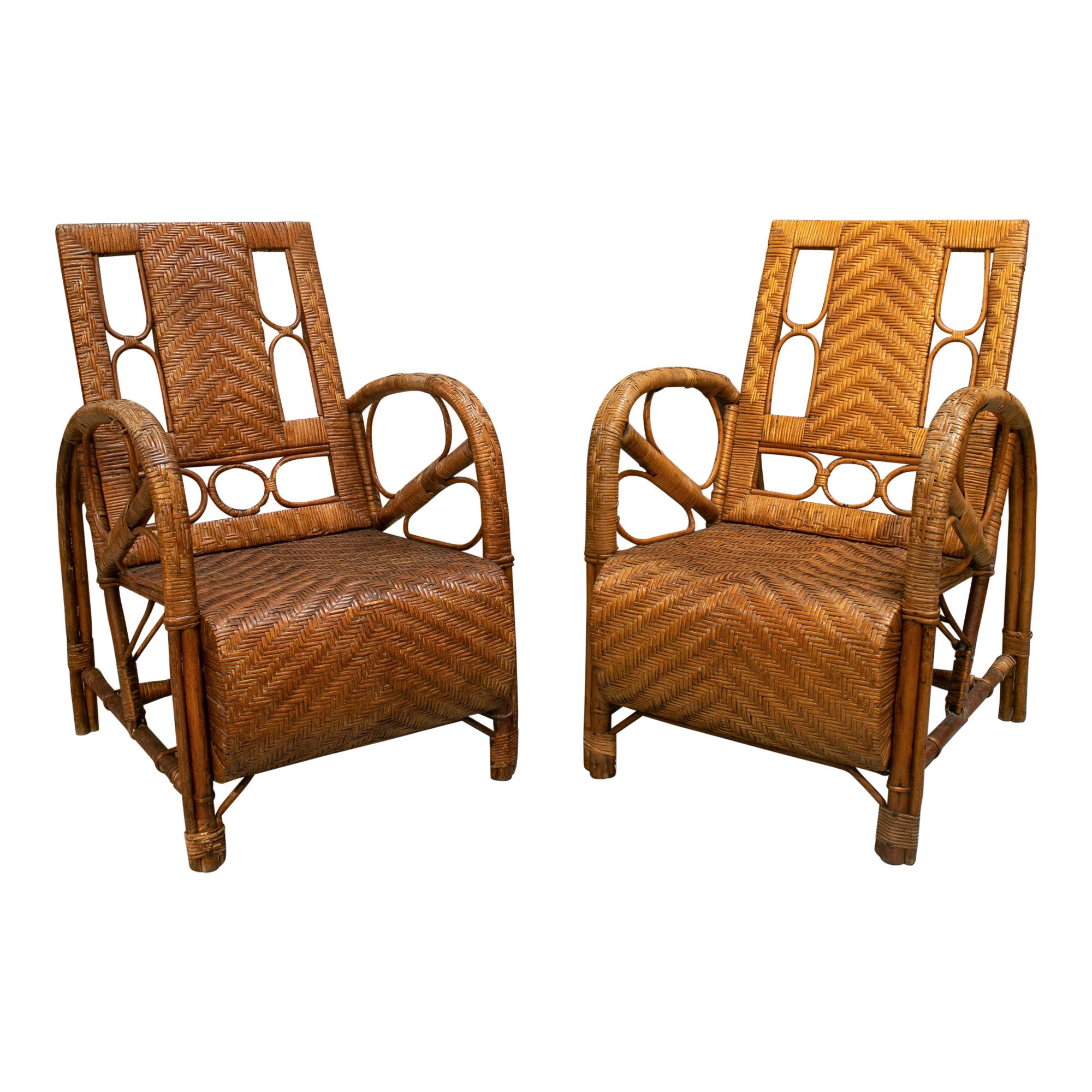 1970s Spanish Pair of Bamboo and Wicker Armchairs