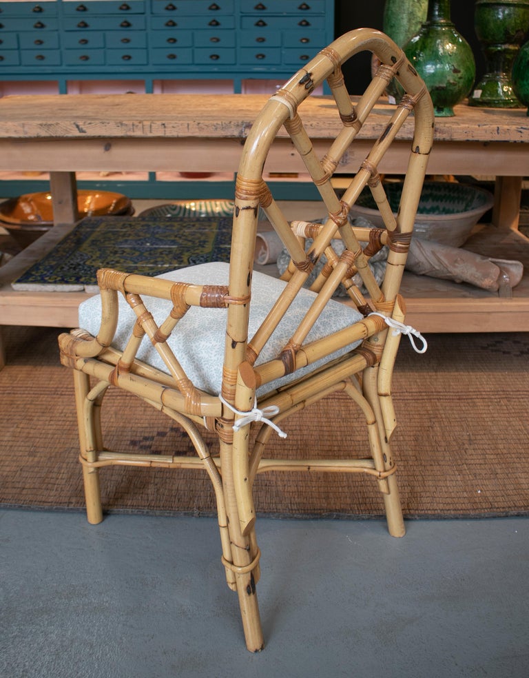 1970s Spanish Pair of Bamboo Chairs with Seat Cushions For Sale at