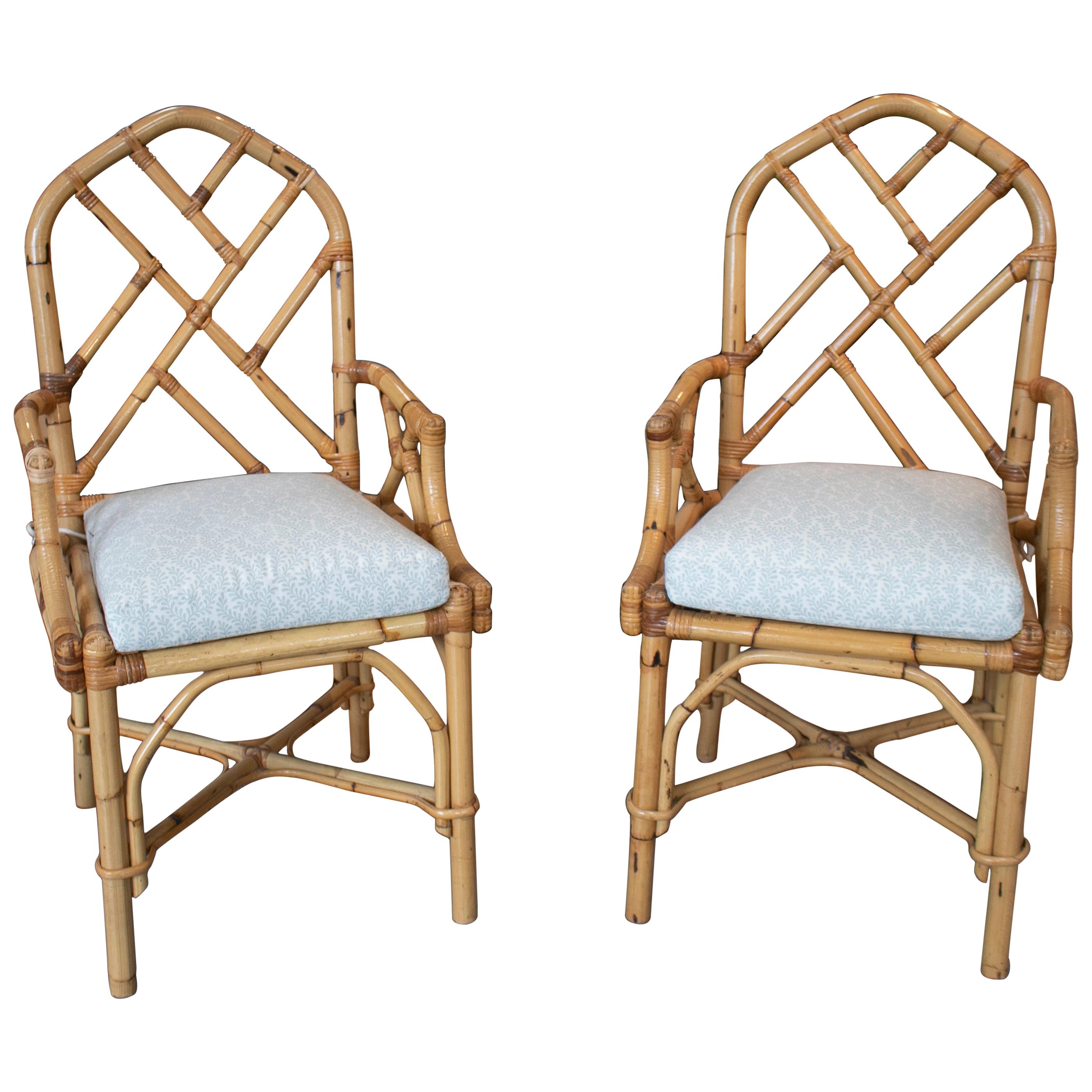 1970s Spanish Pair of Bamboo Chairs with Seat Cushions