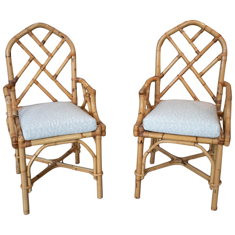 1970s Spanish Pair of Bamboo Chairs with Seat Cushions For Sale at 1stDibs