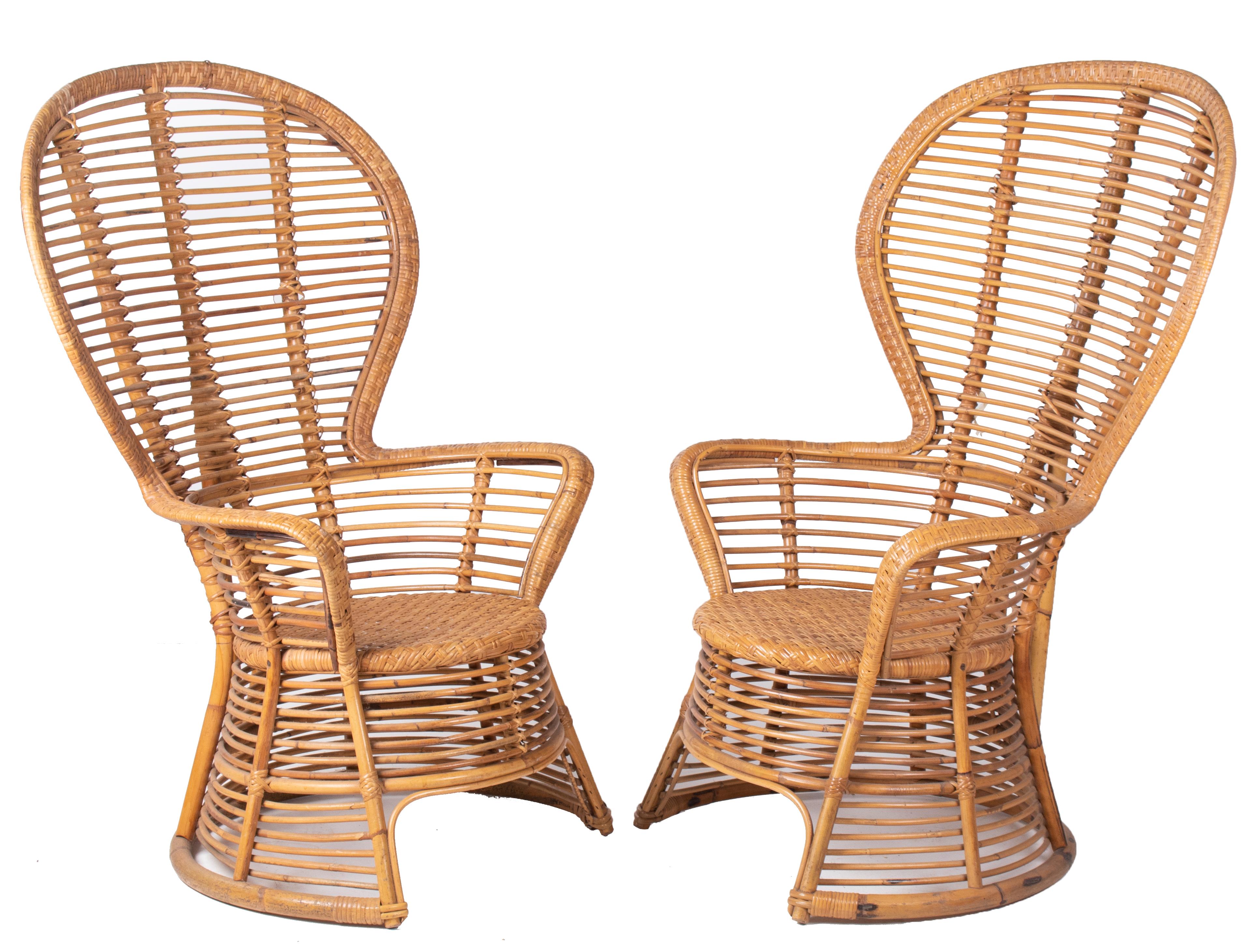 1970s Spanish pair of bamboo tall backrest armchairs in the style of Emmanuelle Peacock chairs.