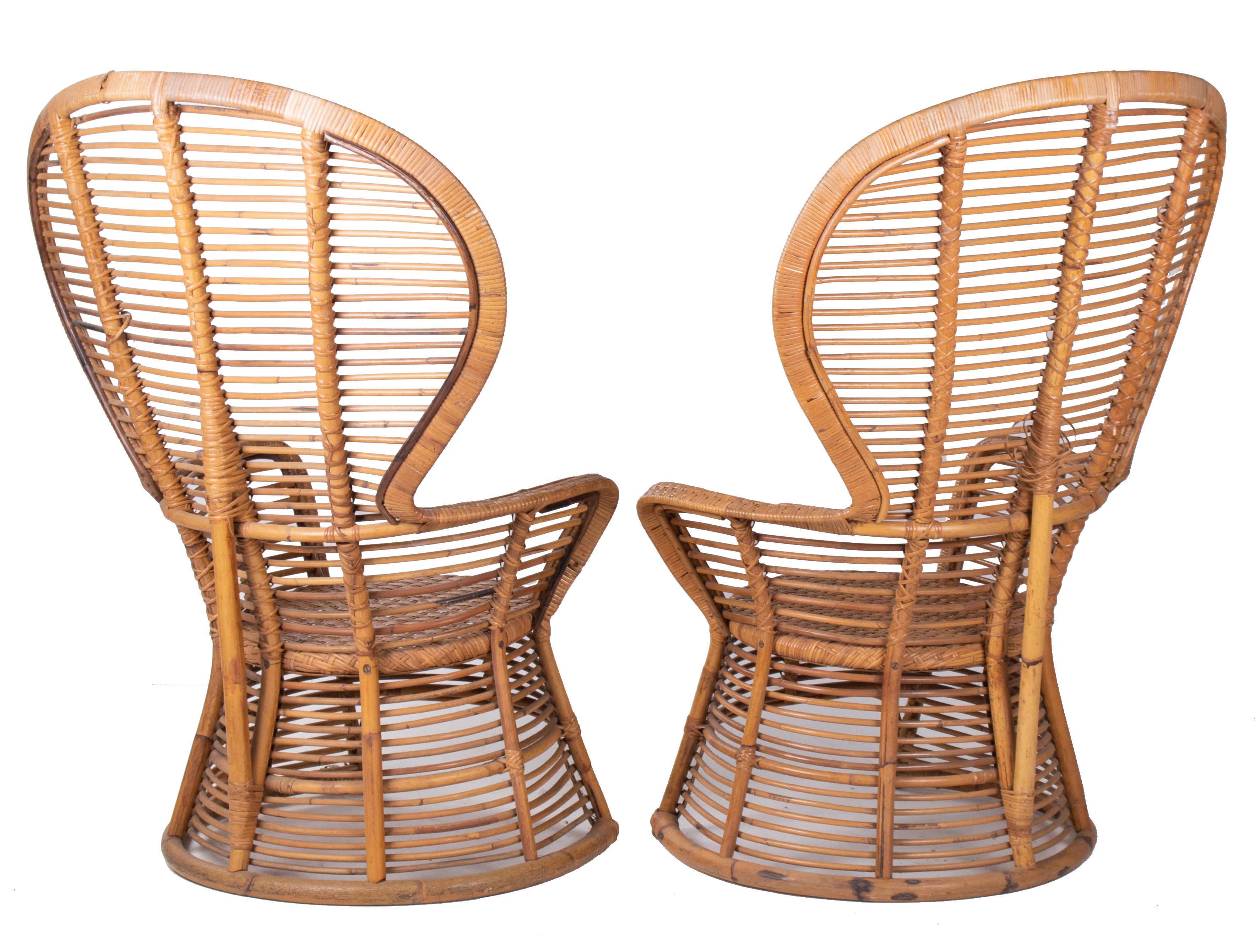 20th Century 1970s Spanish Pair of Bamboo Wicker Tall Back Rest Armchairs