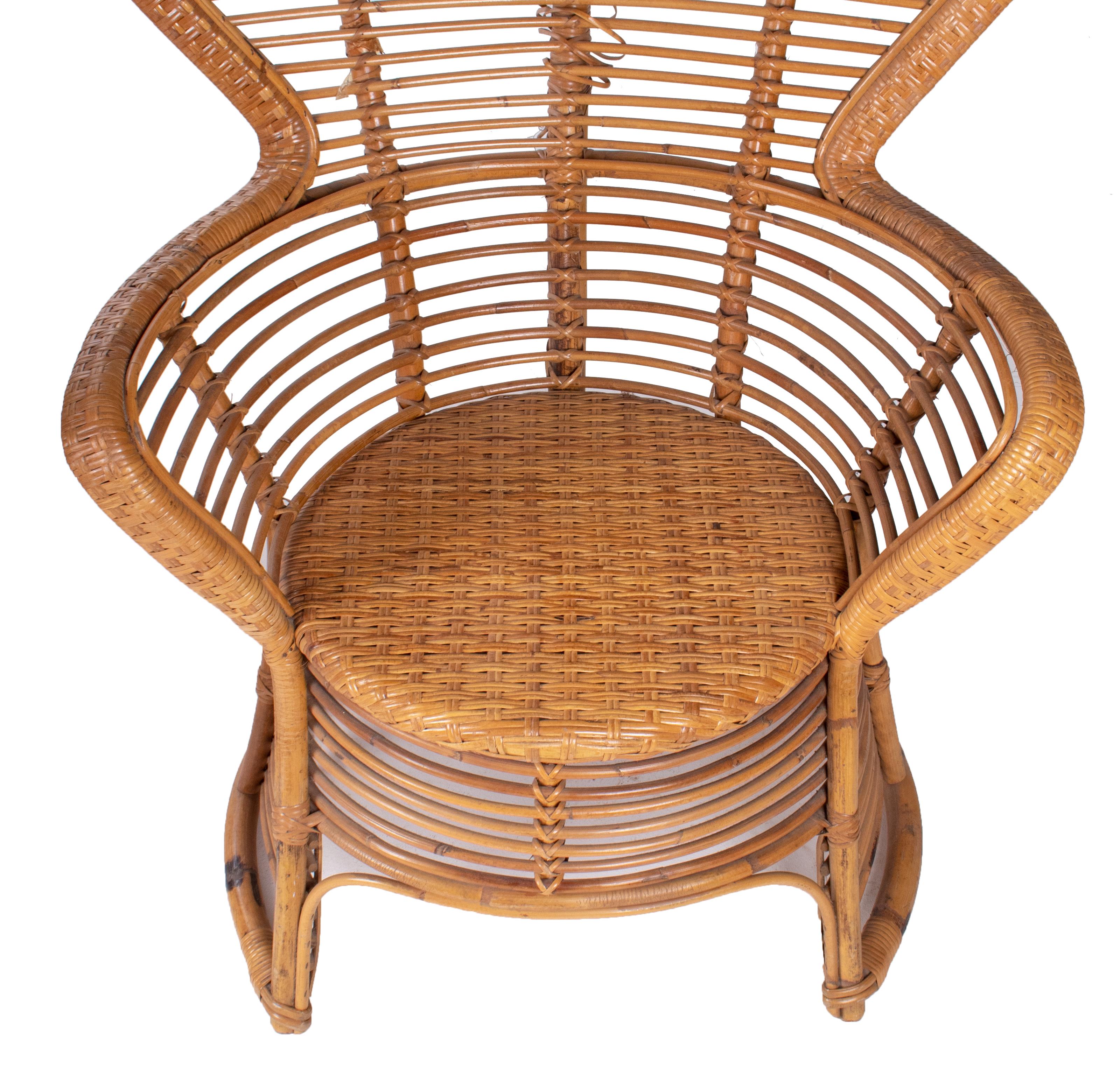 1970s Spanish Pair of Bamboo Wicker Tall Back Rest Armchairs 1