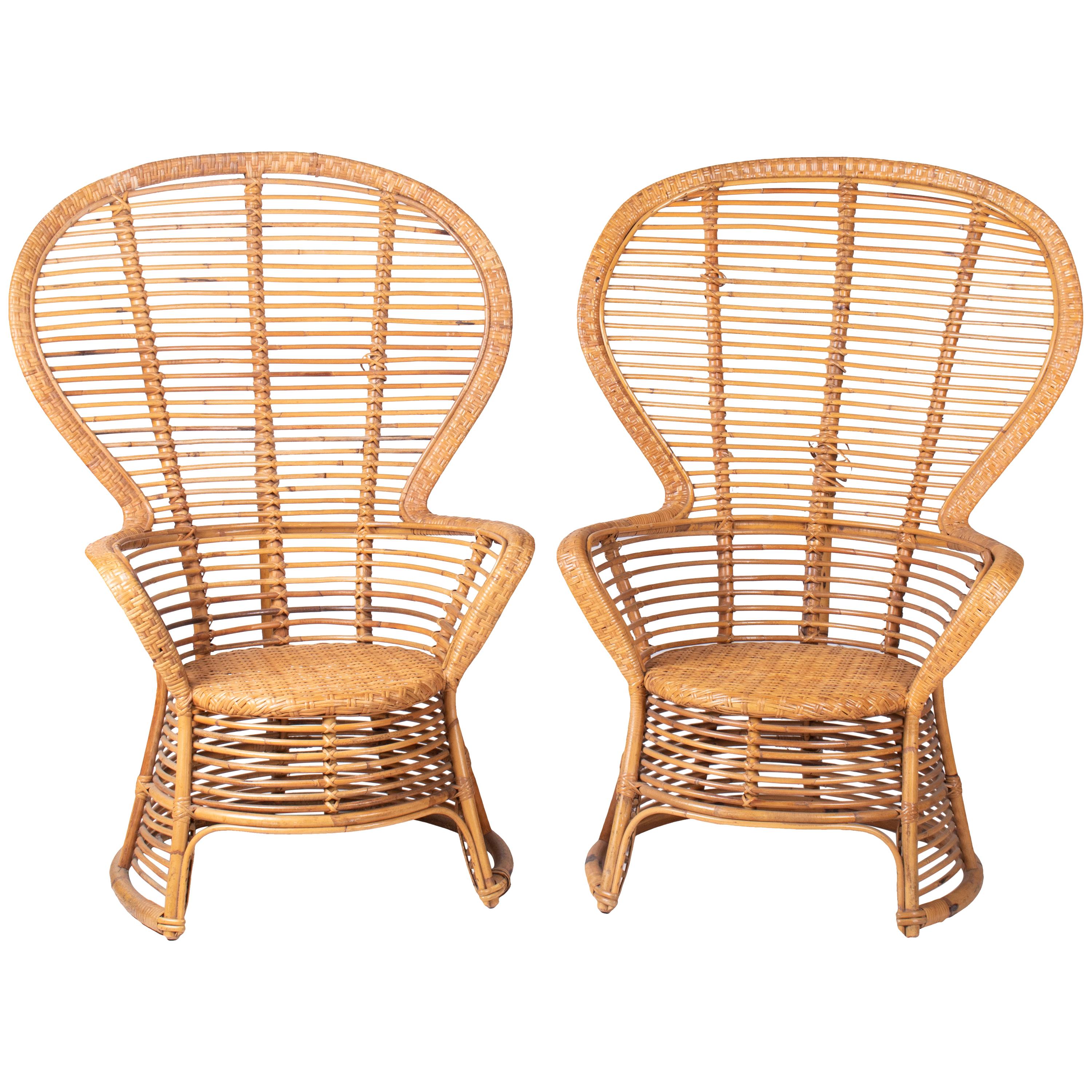 1970s Spanish Pair of Bamboo Wicker Tall Back Rest Armchairs