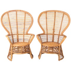 Vintage 1970s Spanish Pair of Bamboo Wicker Tall Back Rest Armchairs