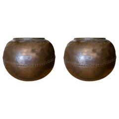 1970s Spanish Pair of Bronze Flower Pots with Round Shape