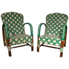 1970s Spanish Pair of Faux Bamboo Wooden Armchairs w/ Geometric Weaving