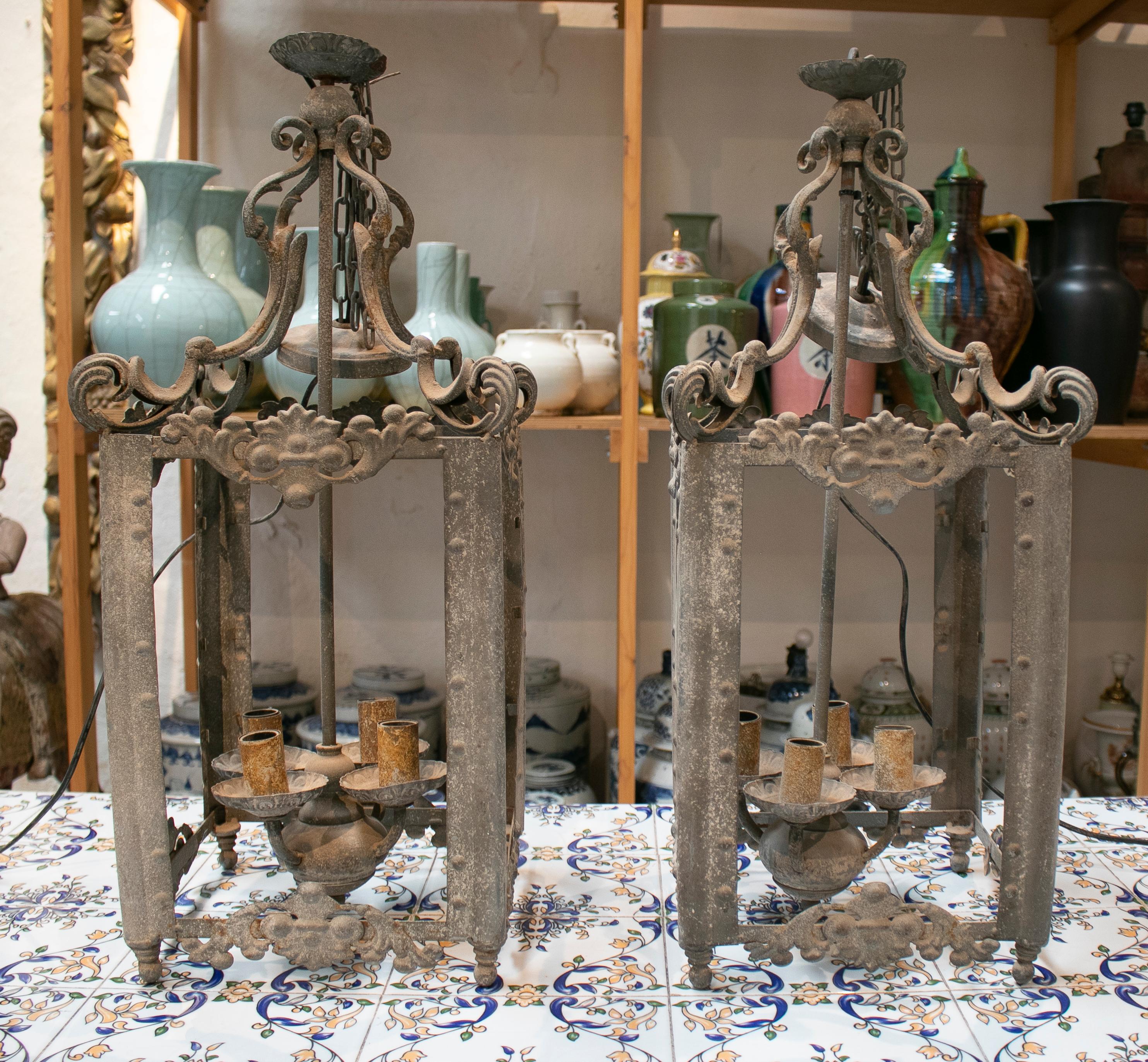 20th Century 1970s Spanish Pair of Four Sconce Wrought Iron Ceiling Hanging Lamps