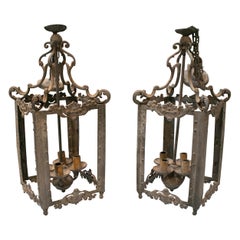 1970s Spanish Pair of Four Sconce Wrought Iron Ceiling Hanging Lamps