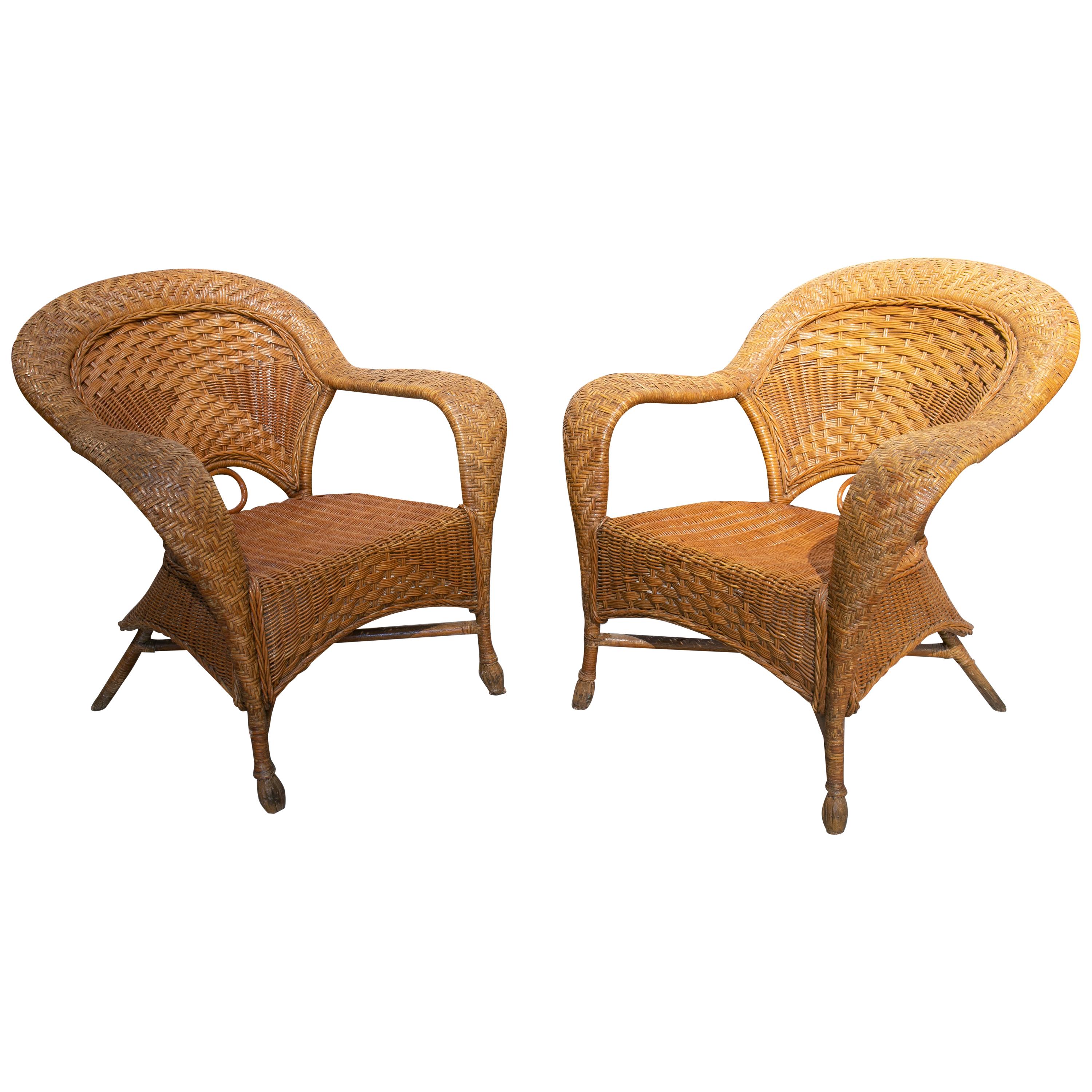 1970s Spanish Pair of Hand Woven Wicker Armchairs
