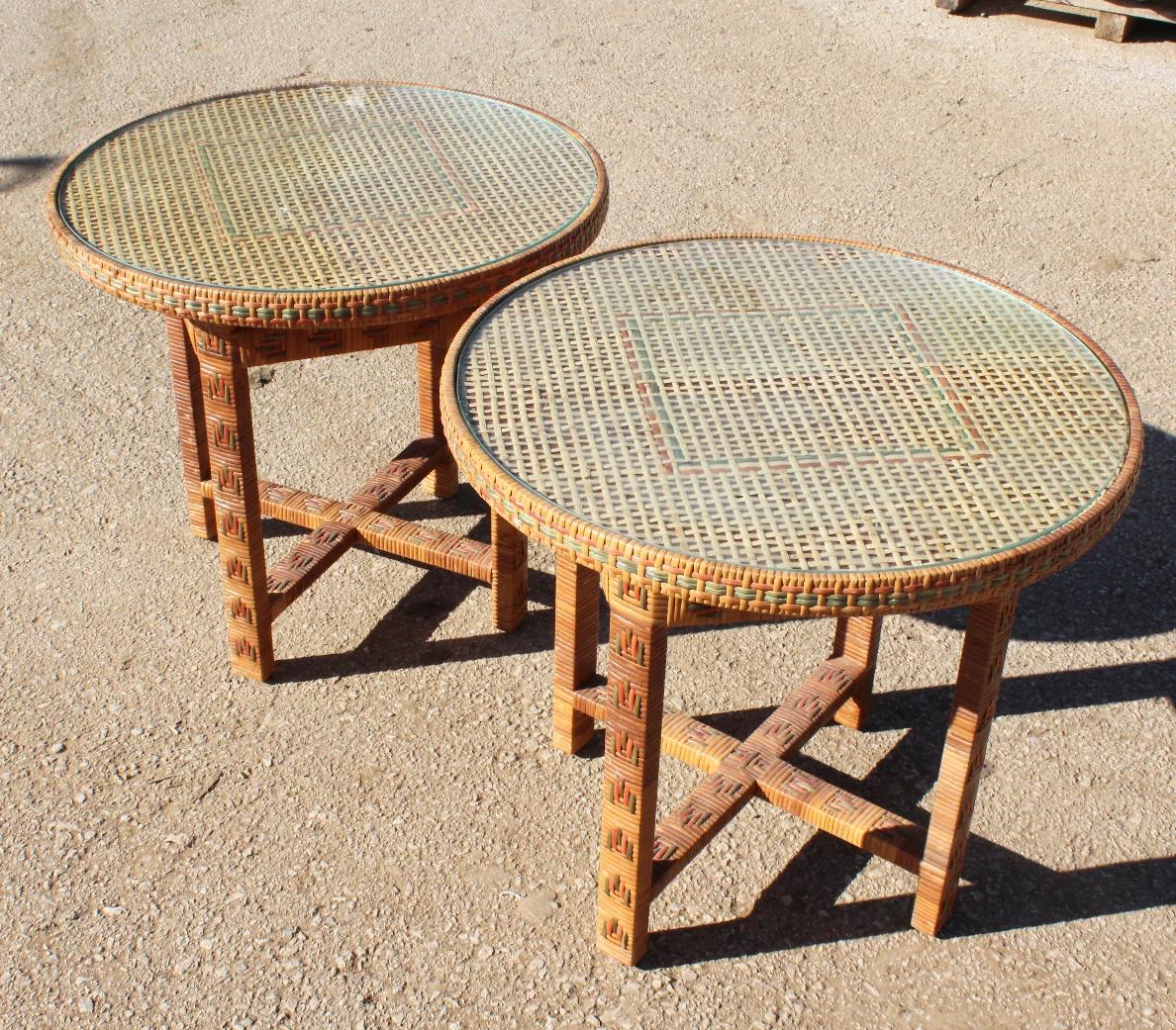 1970s Spanish Pair of Hand Woven Wicker Small Round Side Tables 1