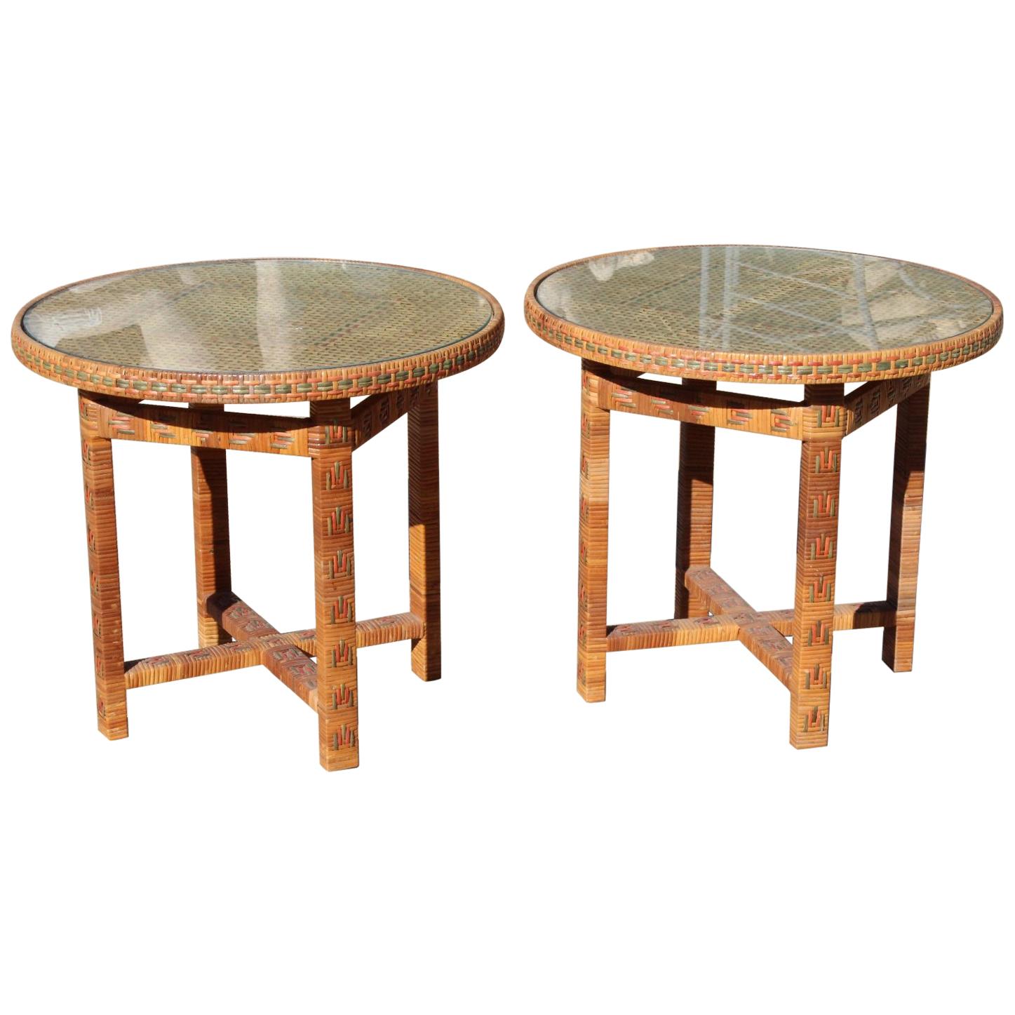 1970s Spanish Pair of Hand Woven Wicker Small Round Side Tables