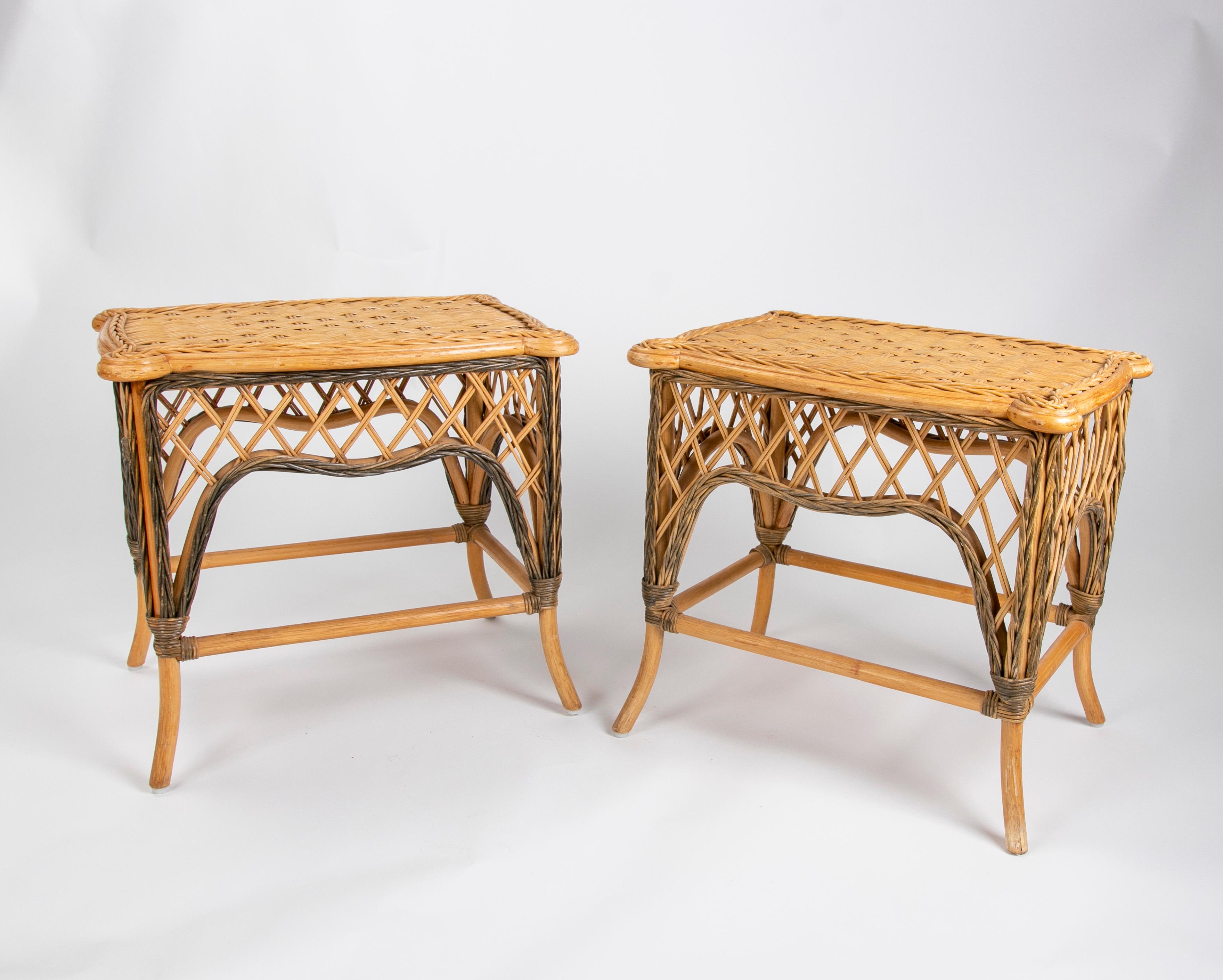 1970s Spanish pair of handmade wicker side tables.