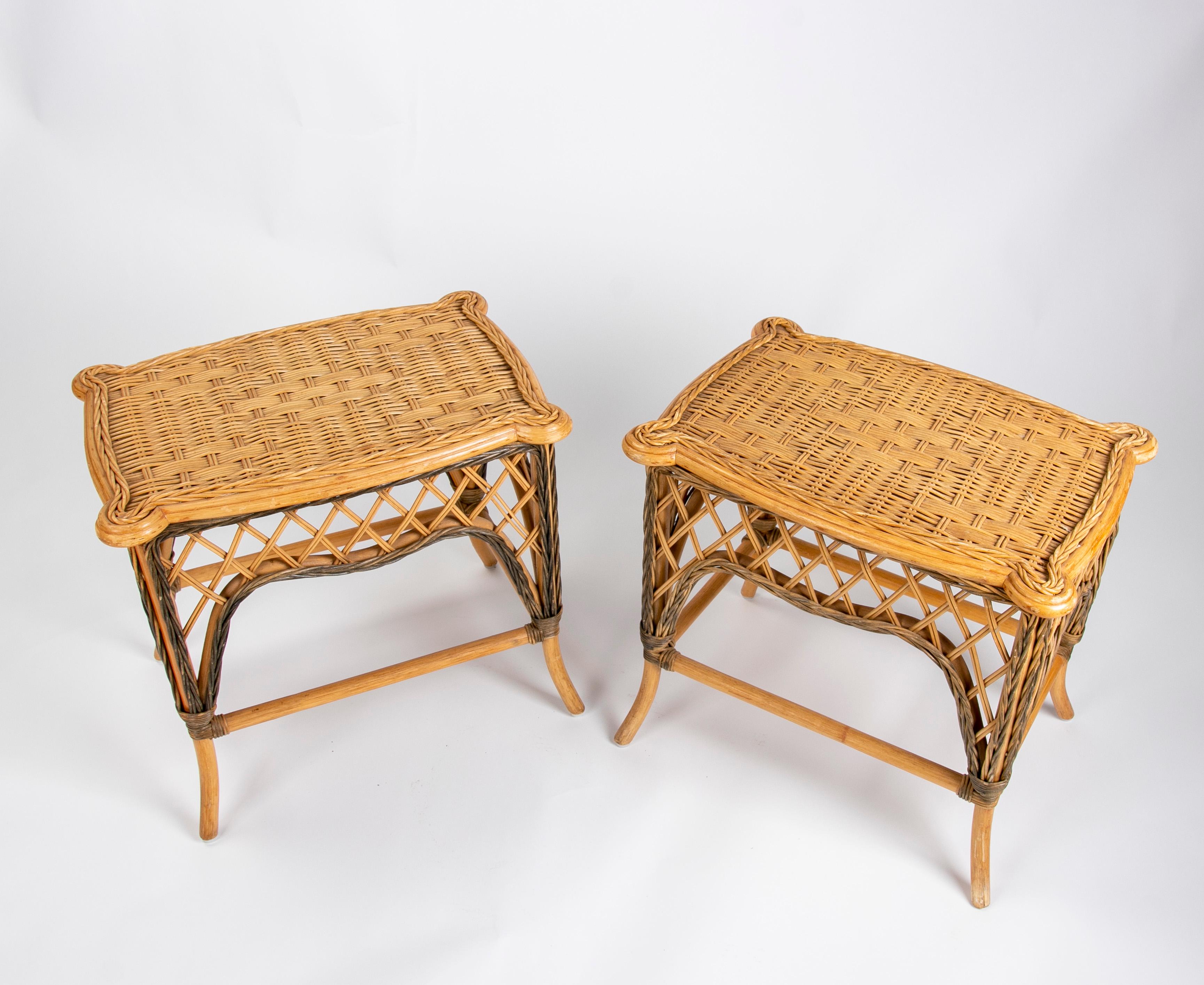 1970s Spanish Pair of Handmade Wicker Side Tables In Good Condition In Marbella, ES