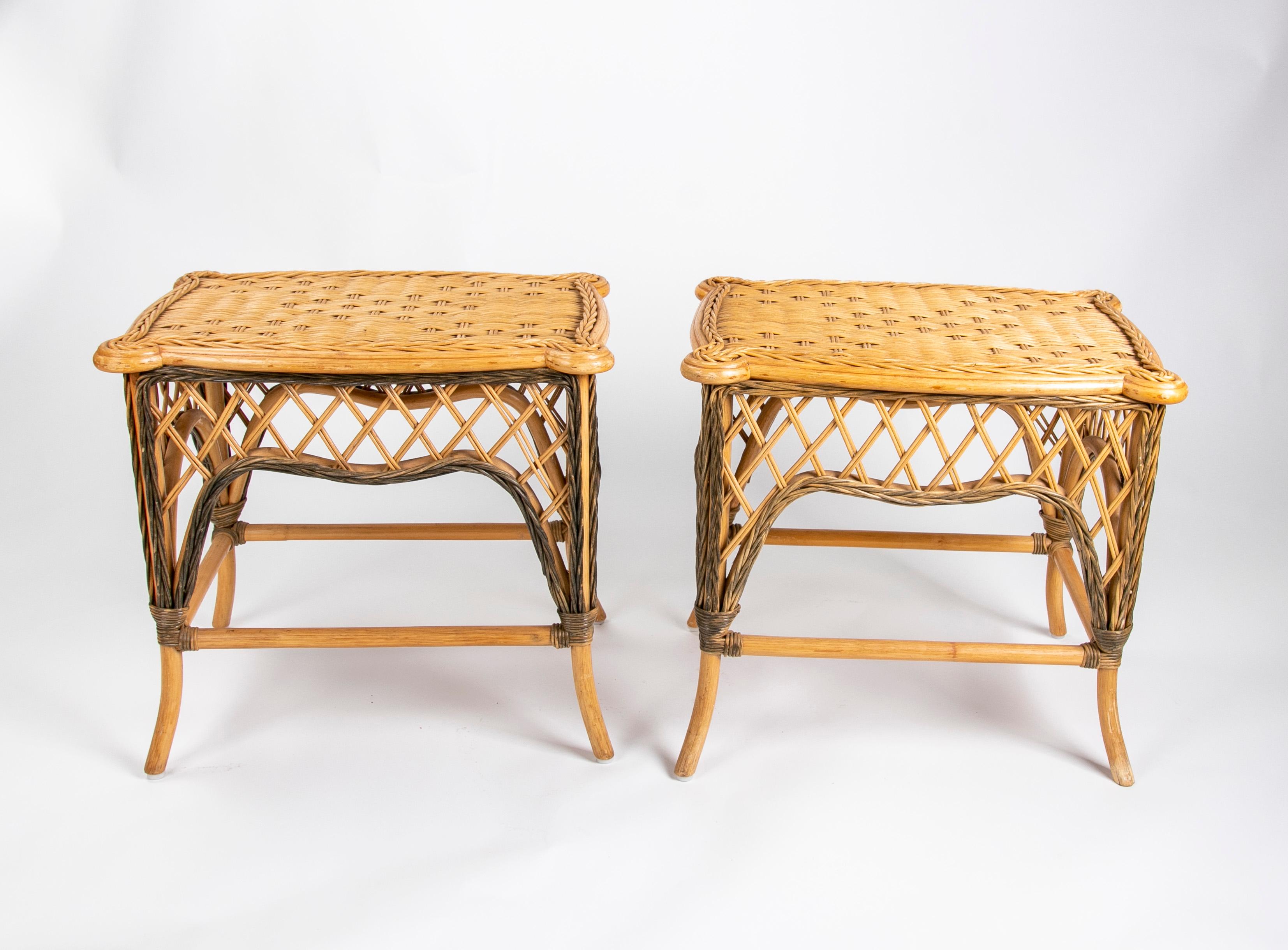 20th Century 1970s Spanish Pair of Handmade Wicker Side Tables