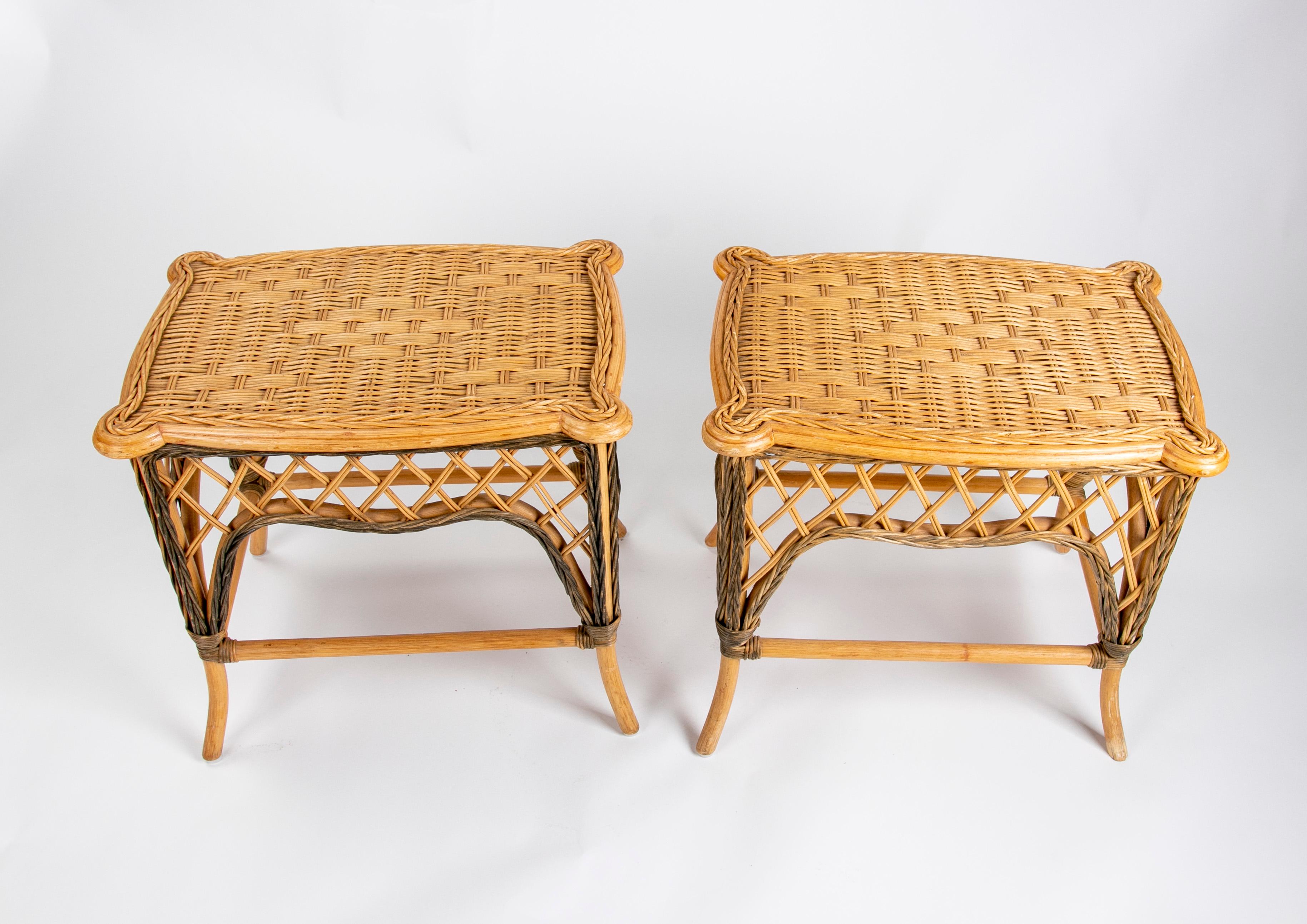 1970s Spanish Pair of Handmade Wicker Side Tables 1