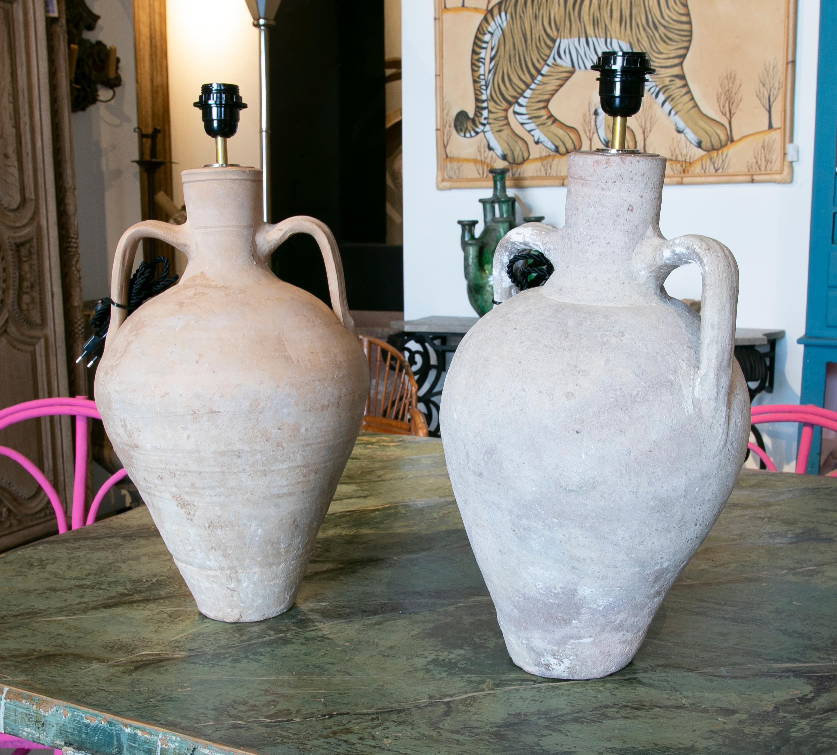 1970s Spanish pair of lamps made from antique Amphorae.