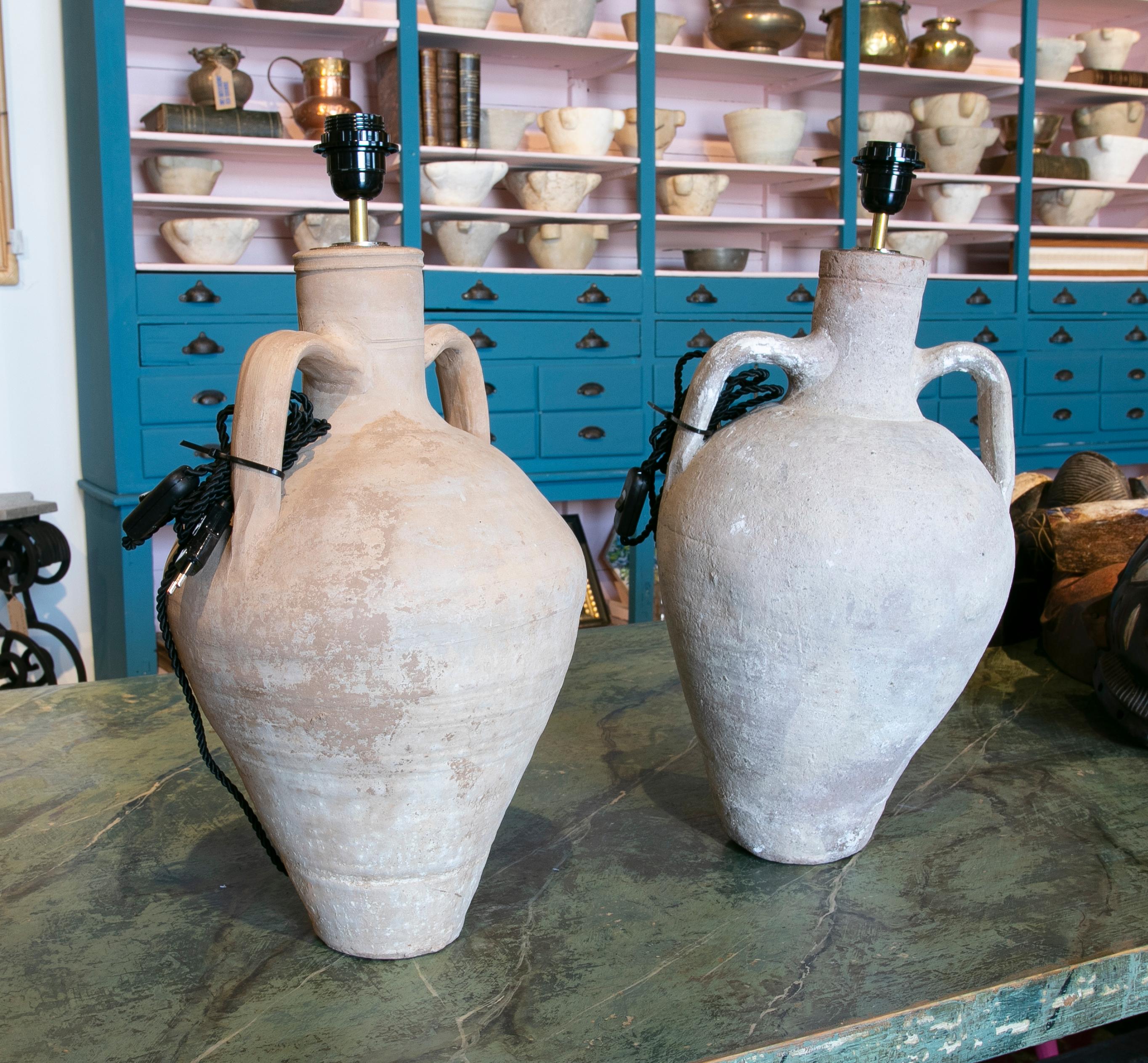1970s Spanish Pair of Lamps Made from Antique Amphorae In Good Condition In Marbella, ES