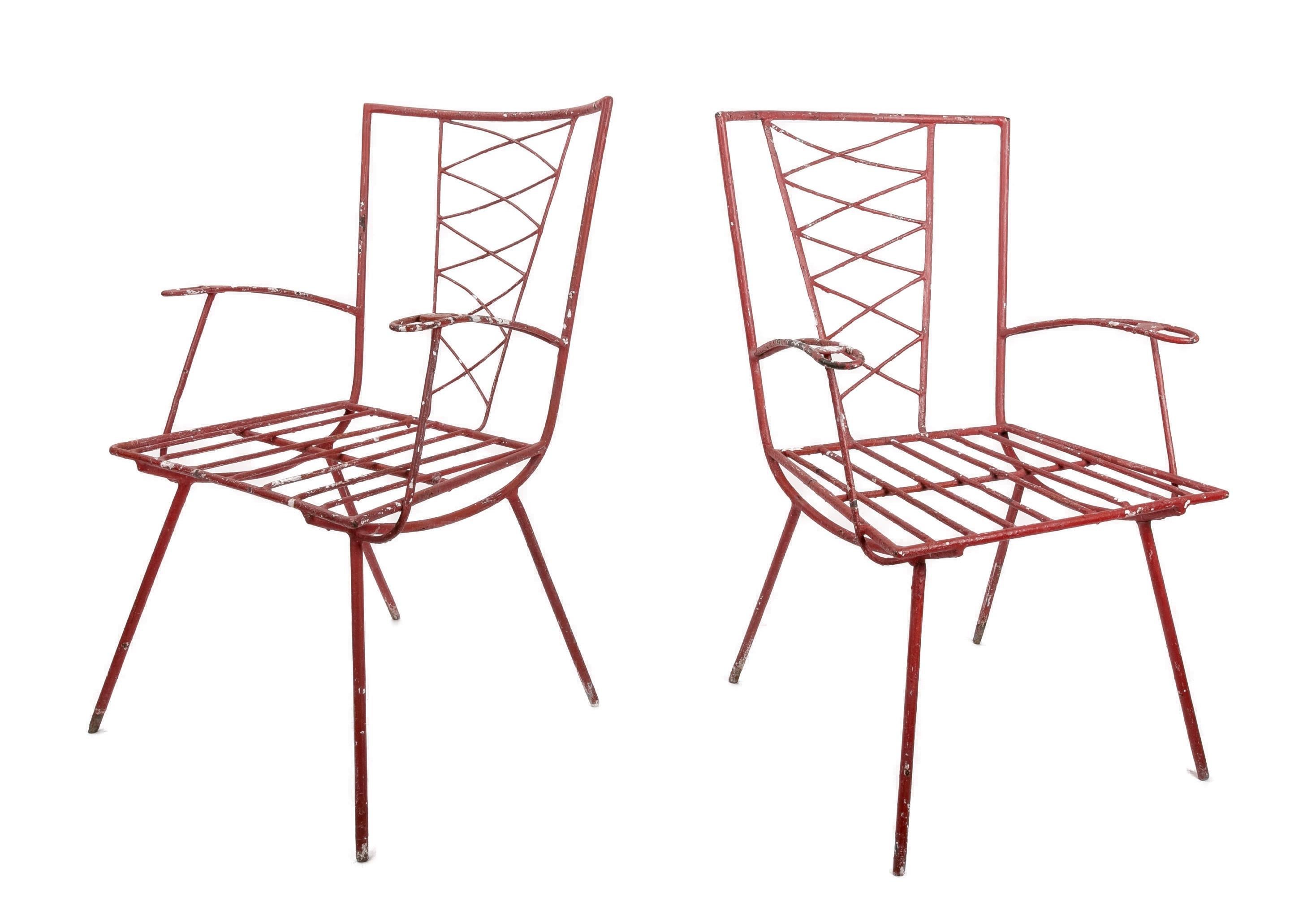 1970s Spanish pair of red painted iron chairs.