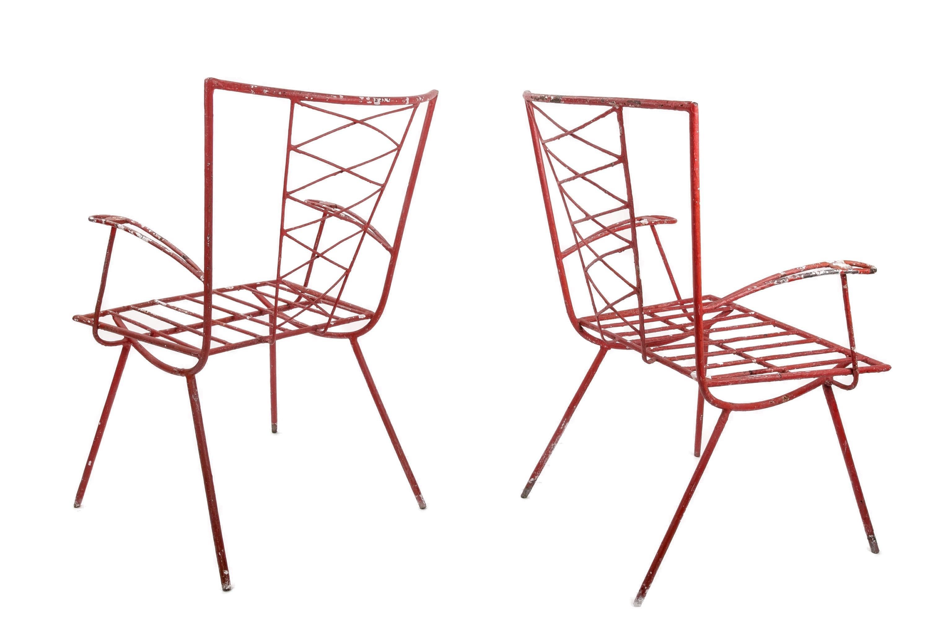 20th Century 1970s Spanish Pair of Red Painted Iron Chairs For Sale