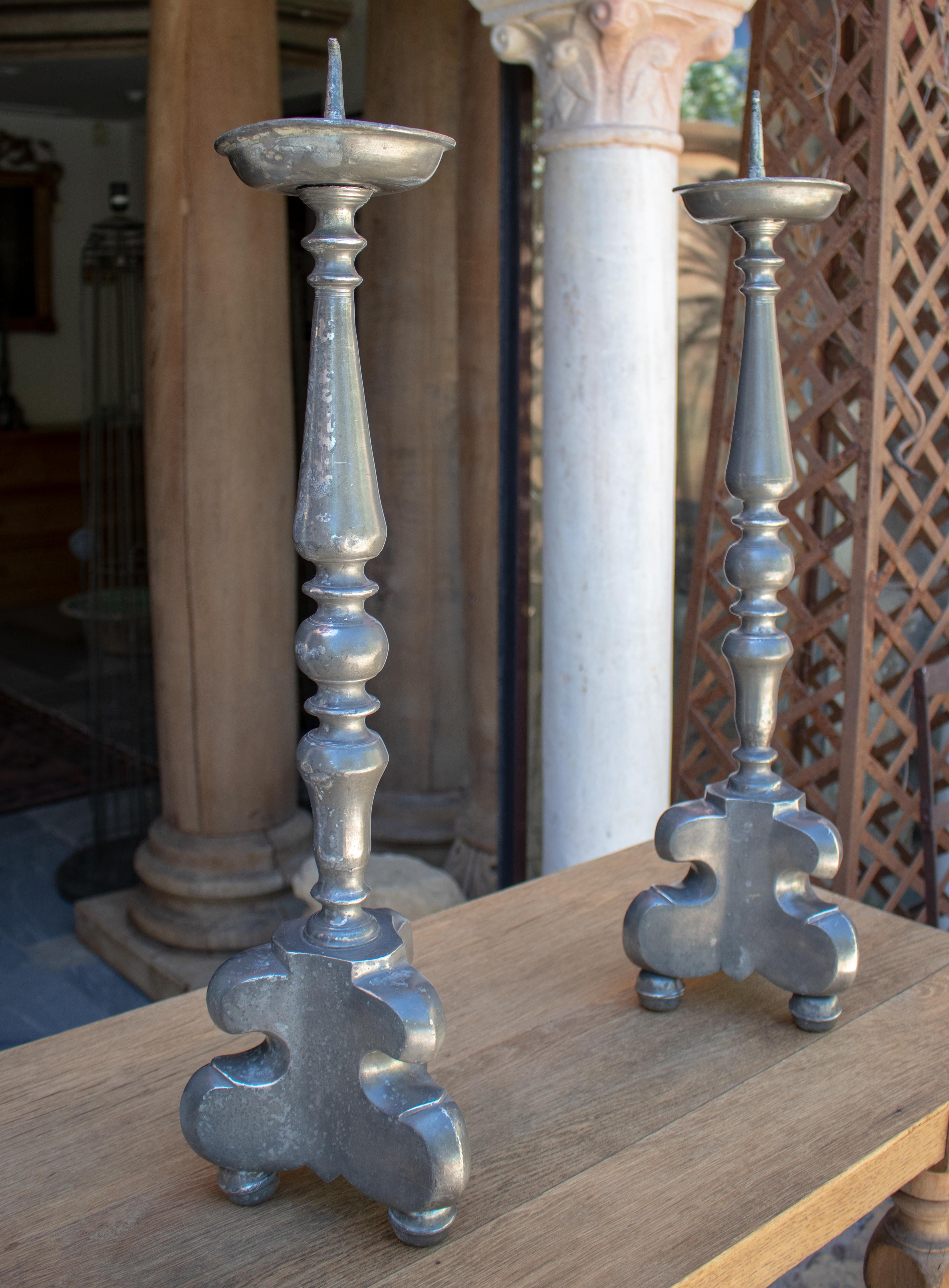 1970s Spanish pair of tin pricket sticks.