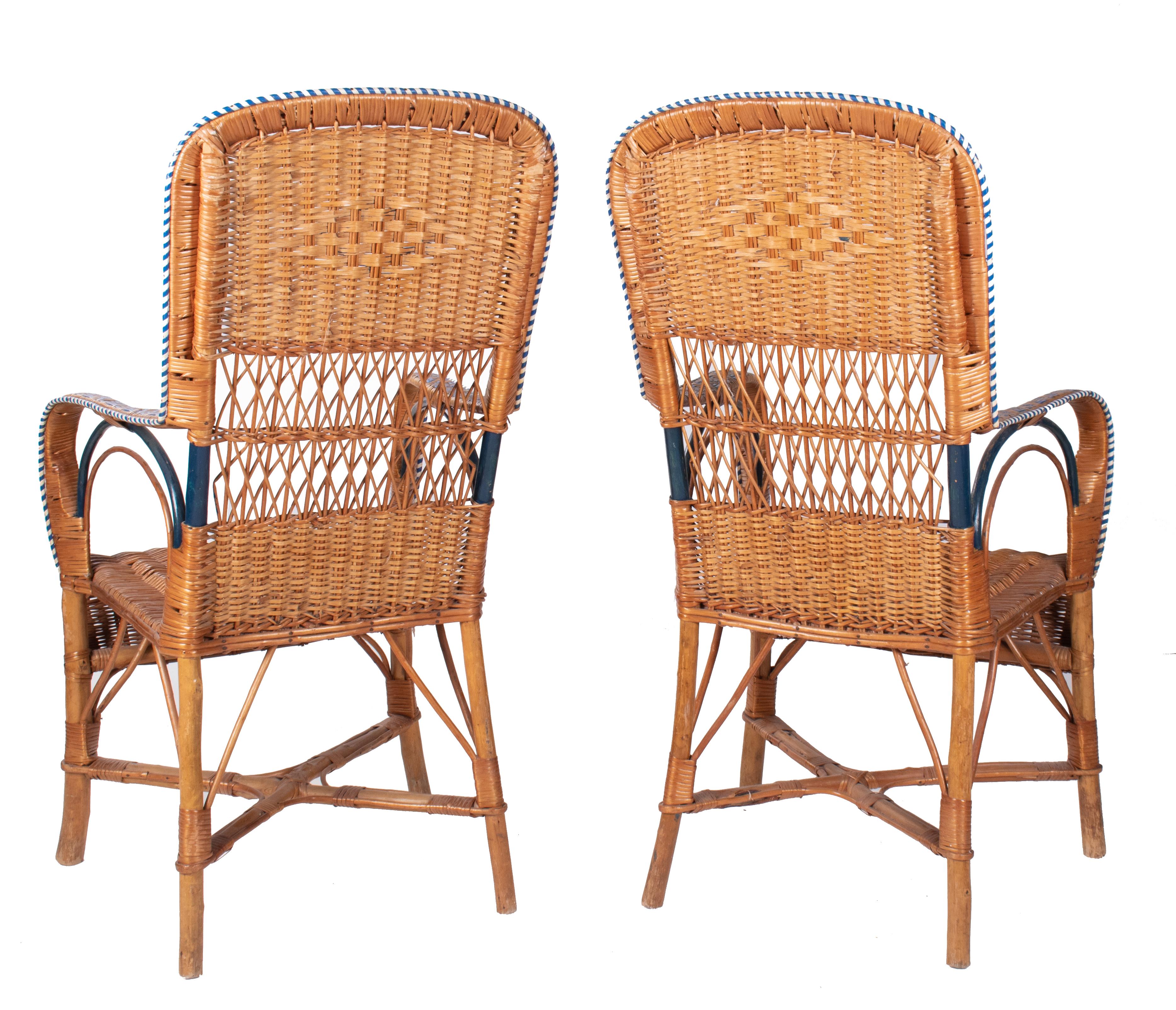 Bamboo 1970s Spanish Pair of Wicker and Wood Decorated Armchairs