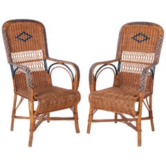 1970s Spanish Pair of Wicker and Wood Decorated Armchairs