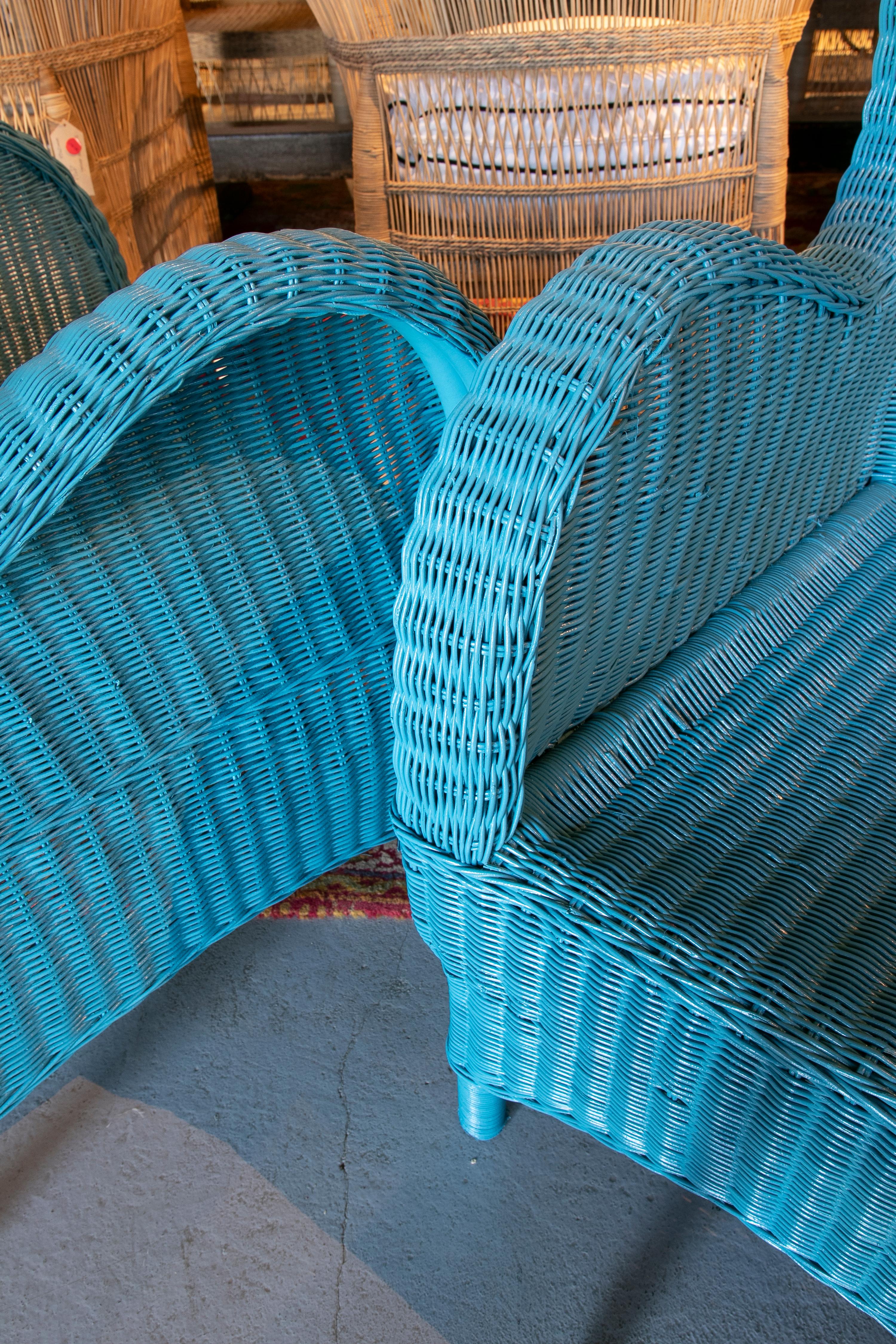 1970s Spanish Pair of Wicker Armchairs Painted in Blue 8