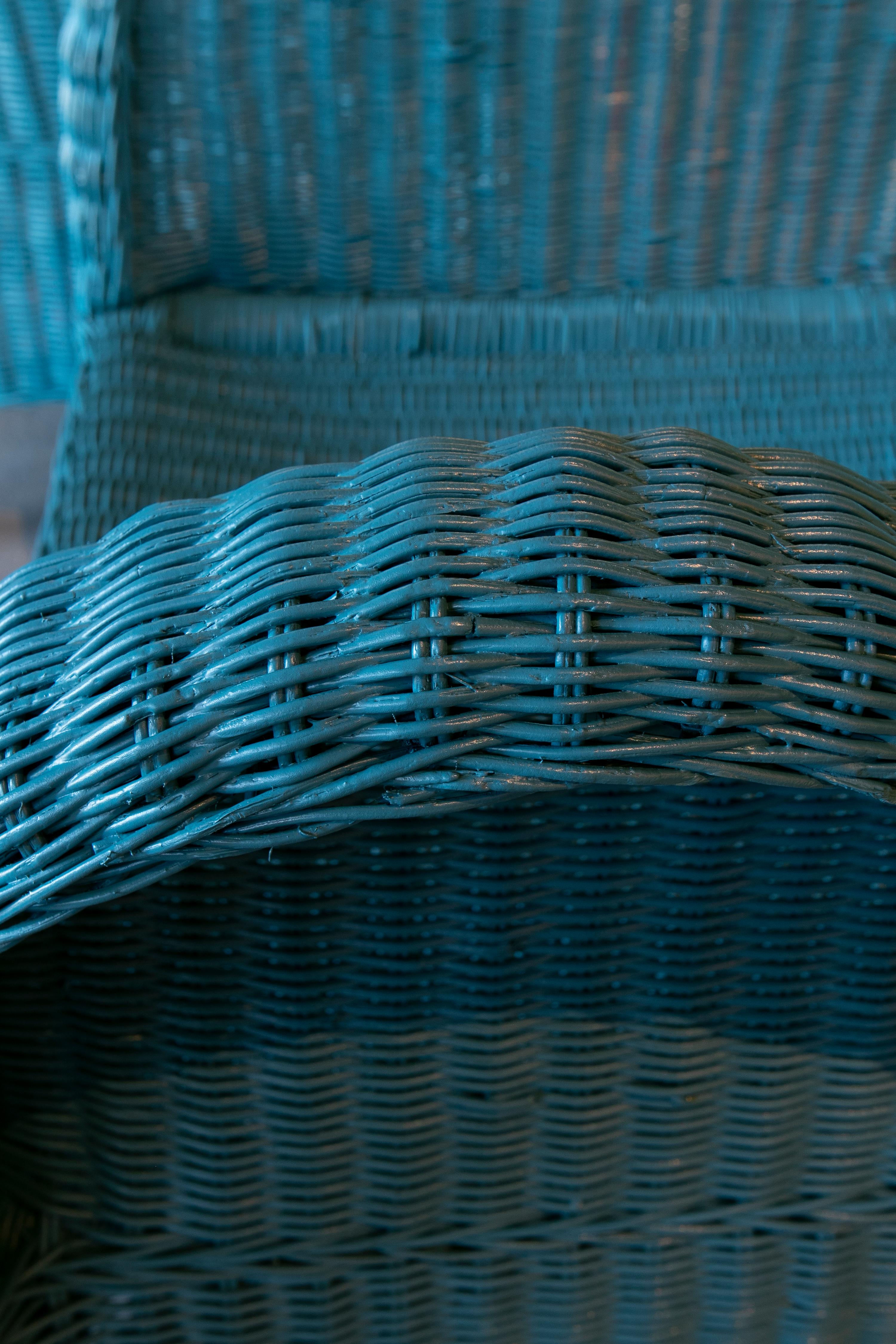 1970s Spanish Pair of Wicker Armchairs Painted in Blue 10