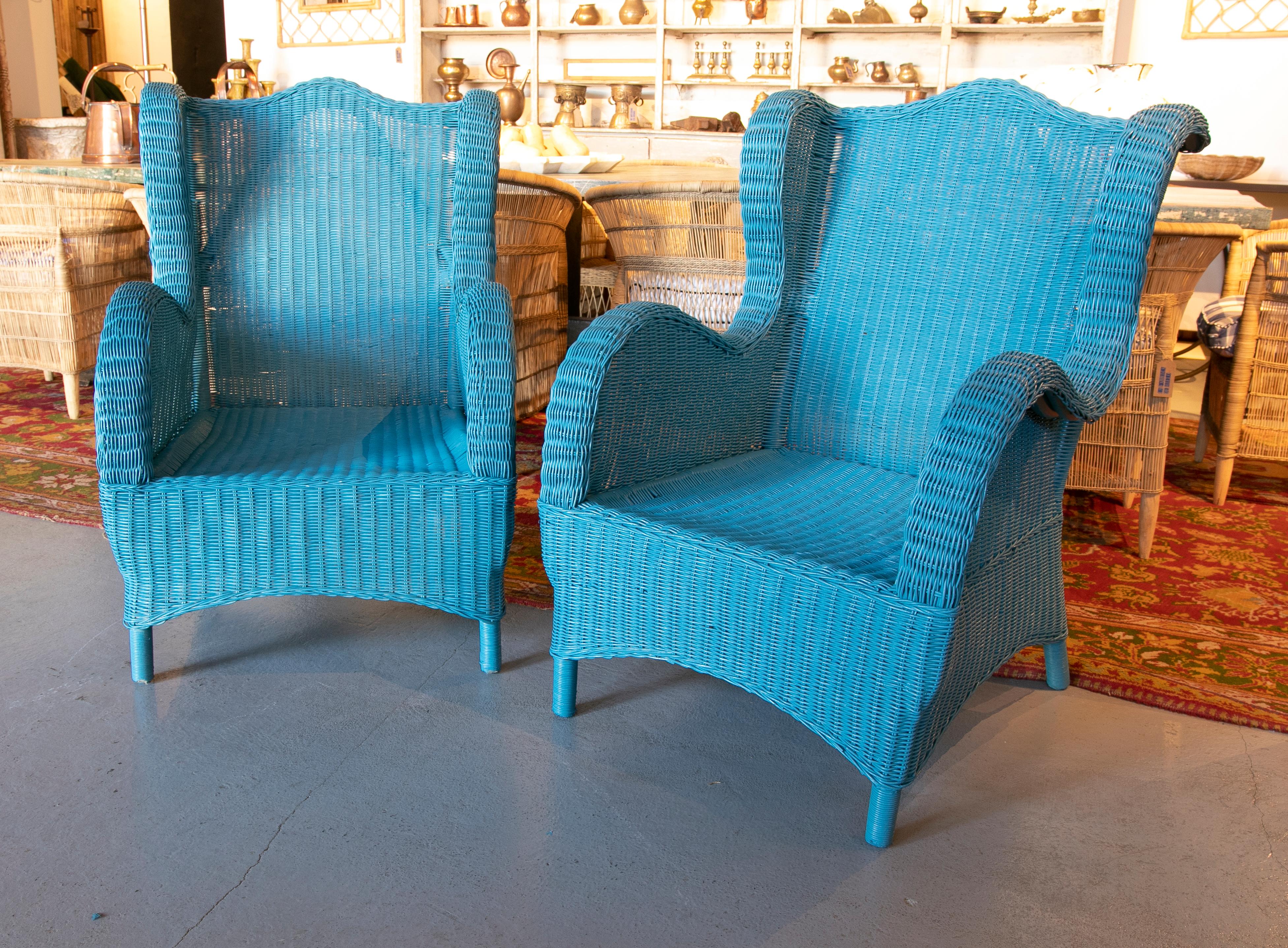 1970s Spanish pair of wicker armchairs painted in blue.