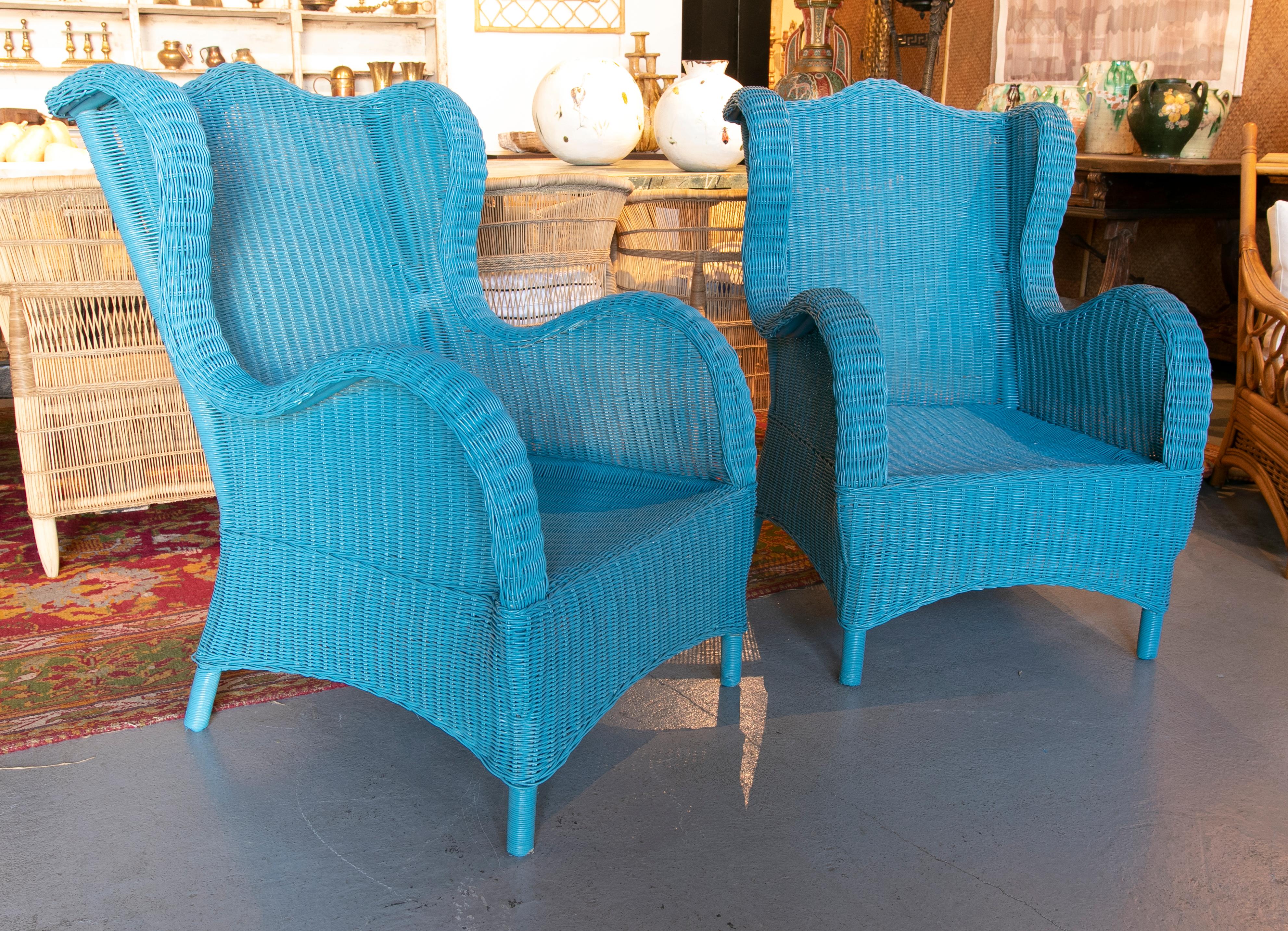 1970s Spanish Pair of Wicker Armchairs Painted in Blue In Good Condition In Marbella, ES