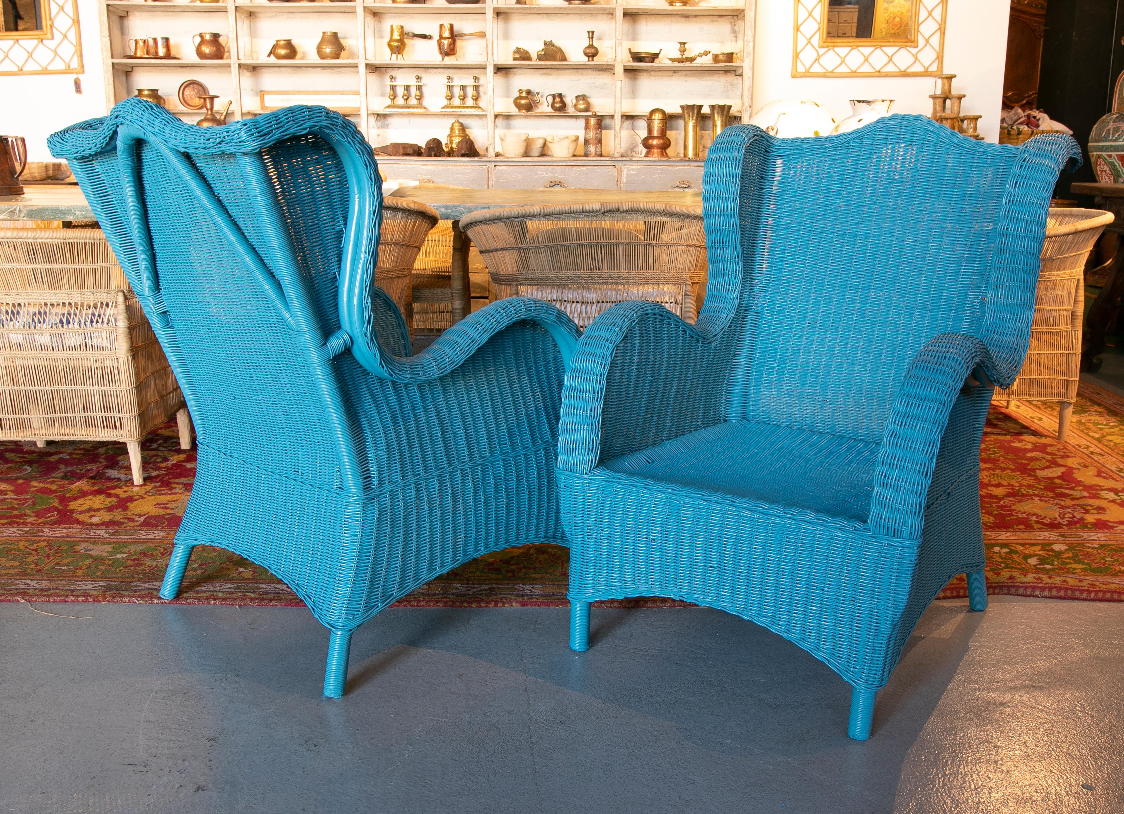 20th Century 1970s Spanish Pair of Wicker Armchairs Painted in Blue