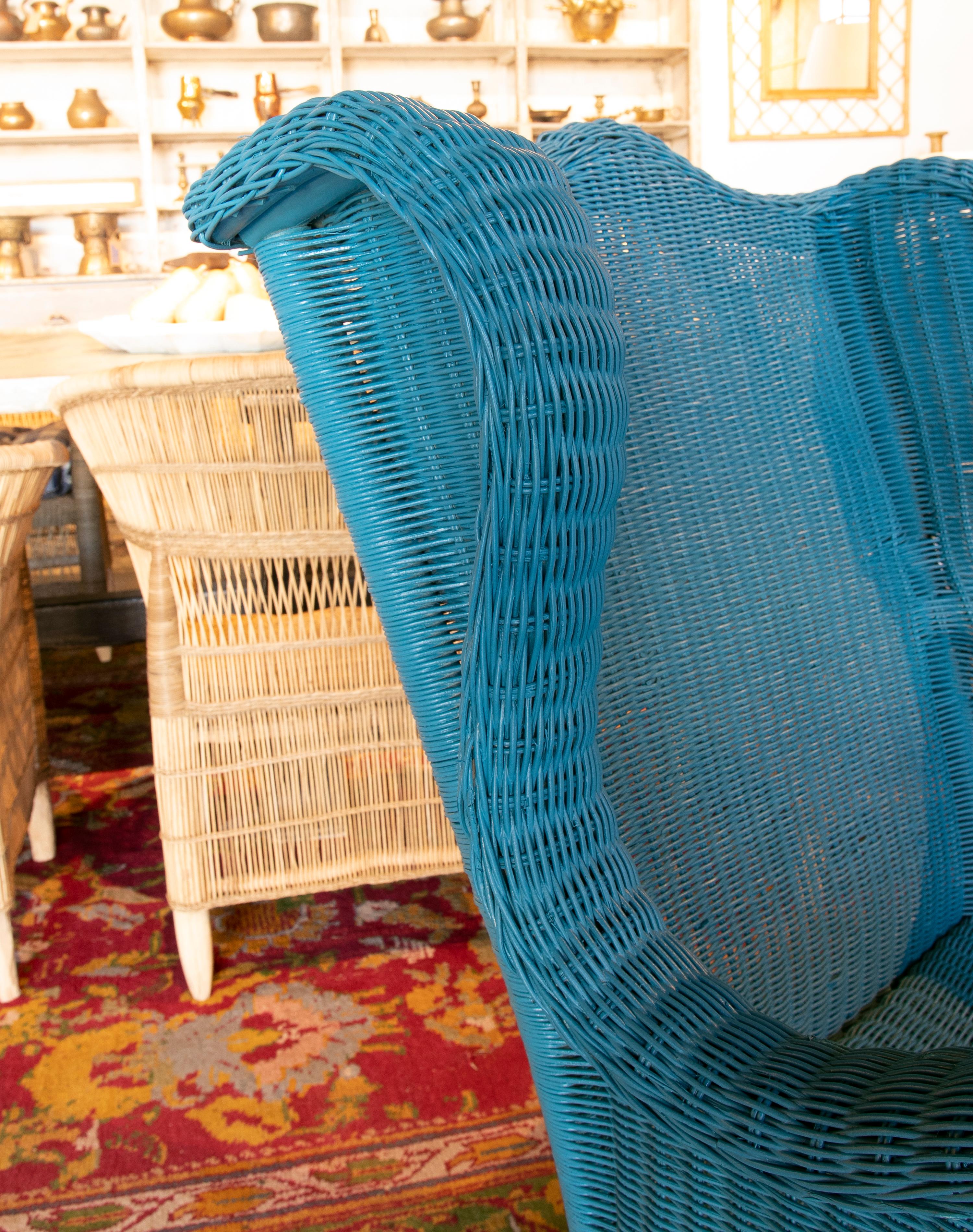 1970s Spanish Pair of Wicker Armchairs Painted in Blue 1