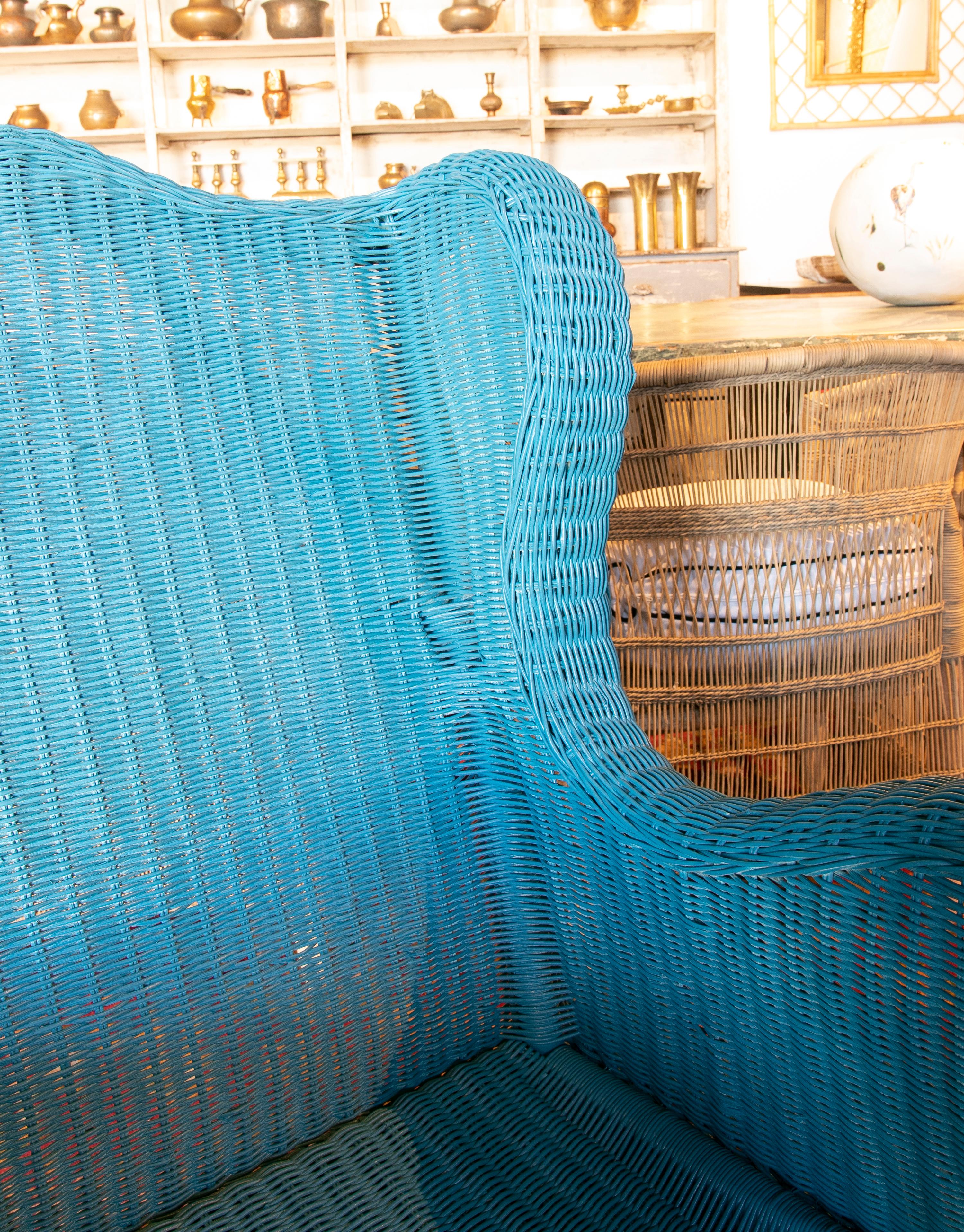 1970s Spanish Pair of Wicker Armchairs Painted in Blue 2
