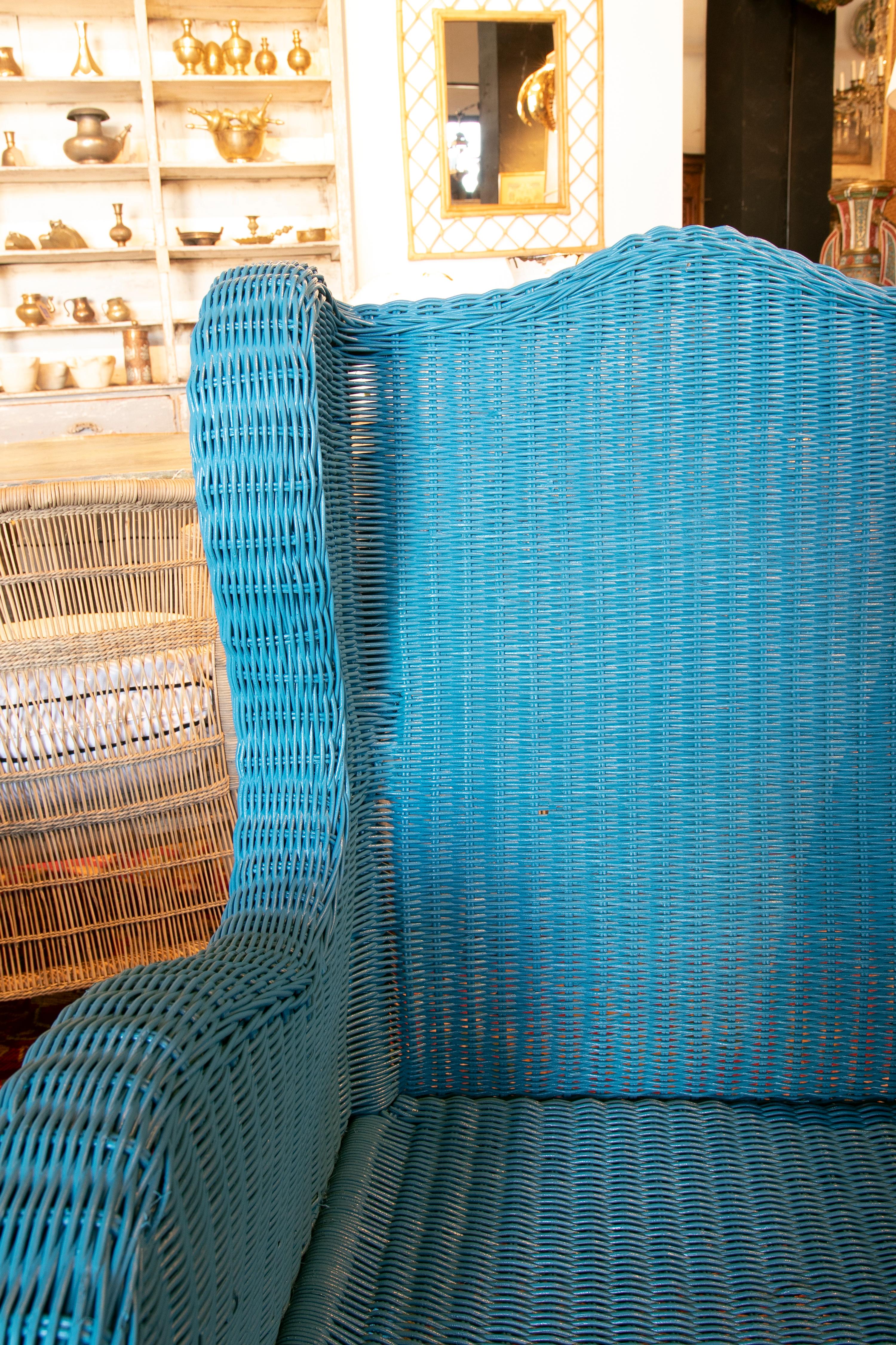 1970s Spanish Pair of Wicker Armchairs Painted in Blue 3