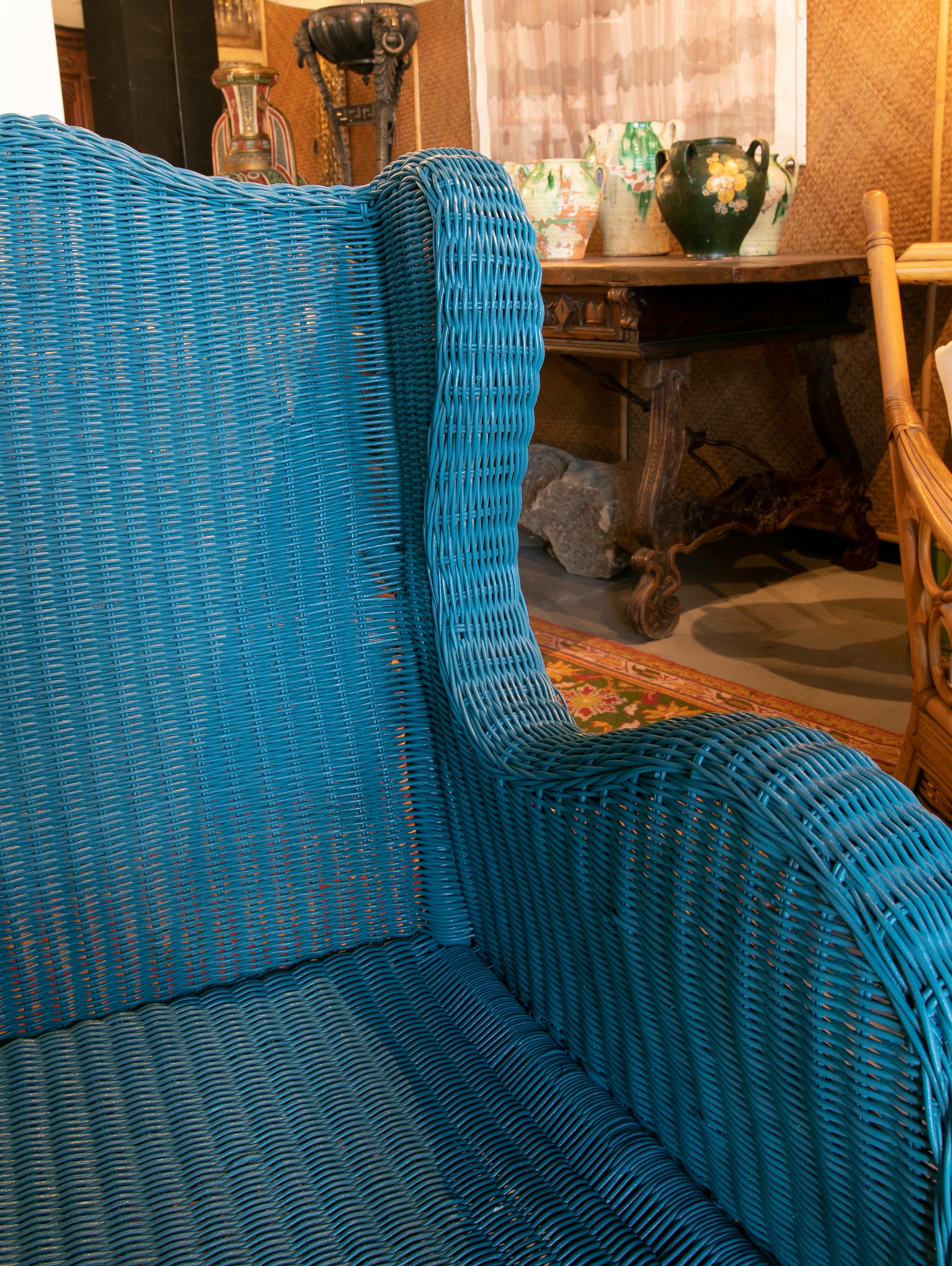 1970s Spanish Pair of Wicker Armchairs Painted in Blue 4
