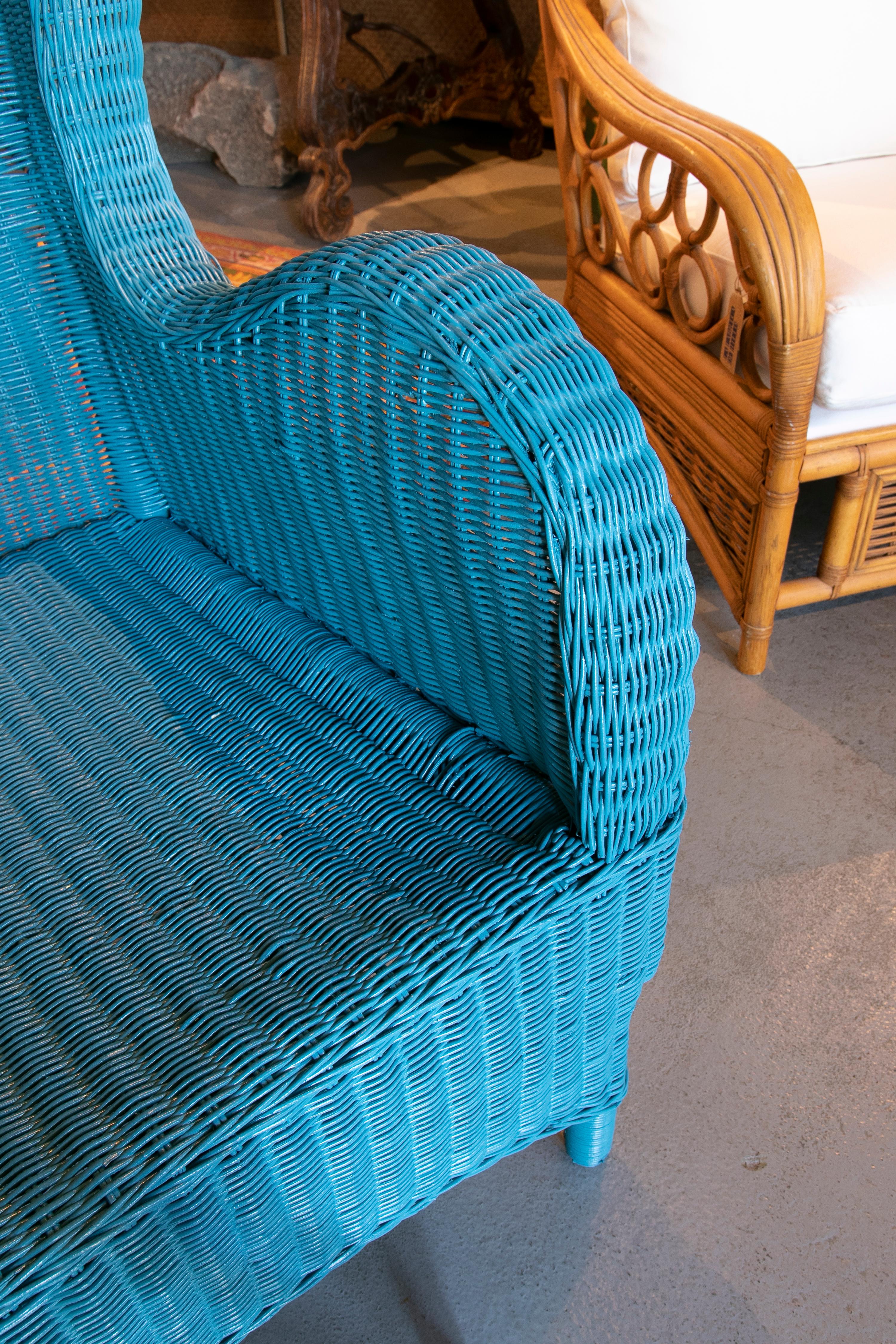 1970s Spanish Pair of Wicker Armchairs Painted in Blue 5