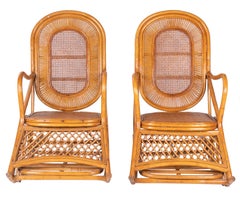 1970s Spanish Pair of Wood and Bamboo Rocking Chairs