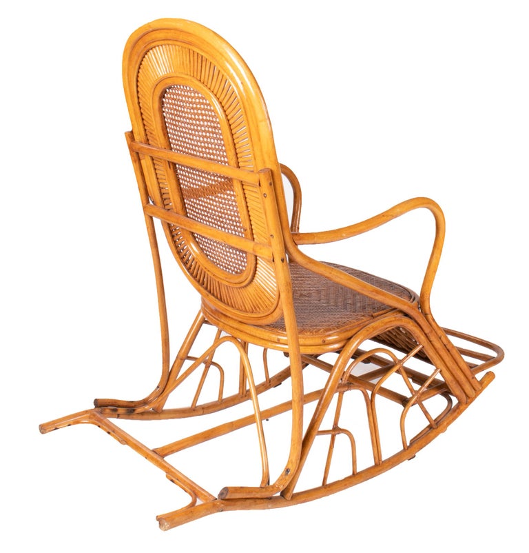1970s Spanish Pair of Wood and Bamboo Rocking Chairs For