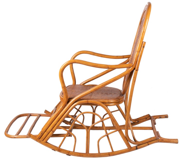 1970s Spanish Pair of Wood and Bamboo Rocking Chairs For Sale at 1stDibs
