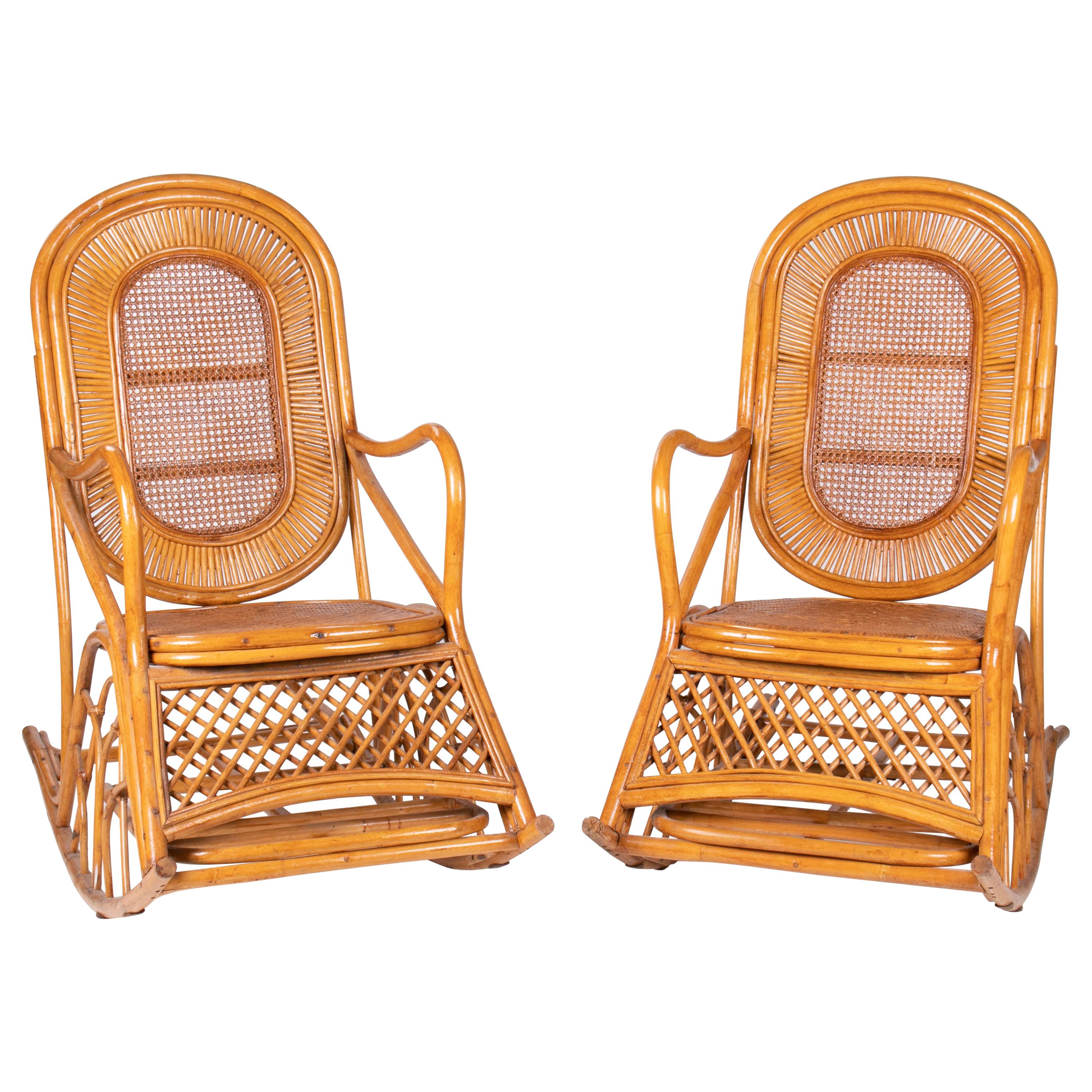 1970s Spanish Pair of Wood and Bamboo Rocking Chairs 