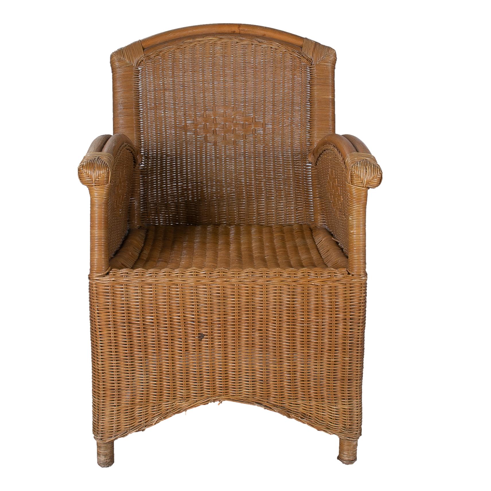 Vintage 1970s Spanish pair of hand woven wicker and bamboo armchairs.