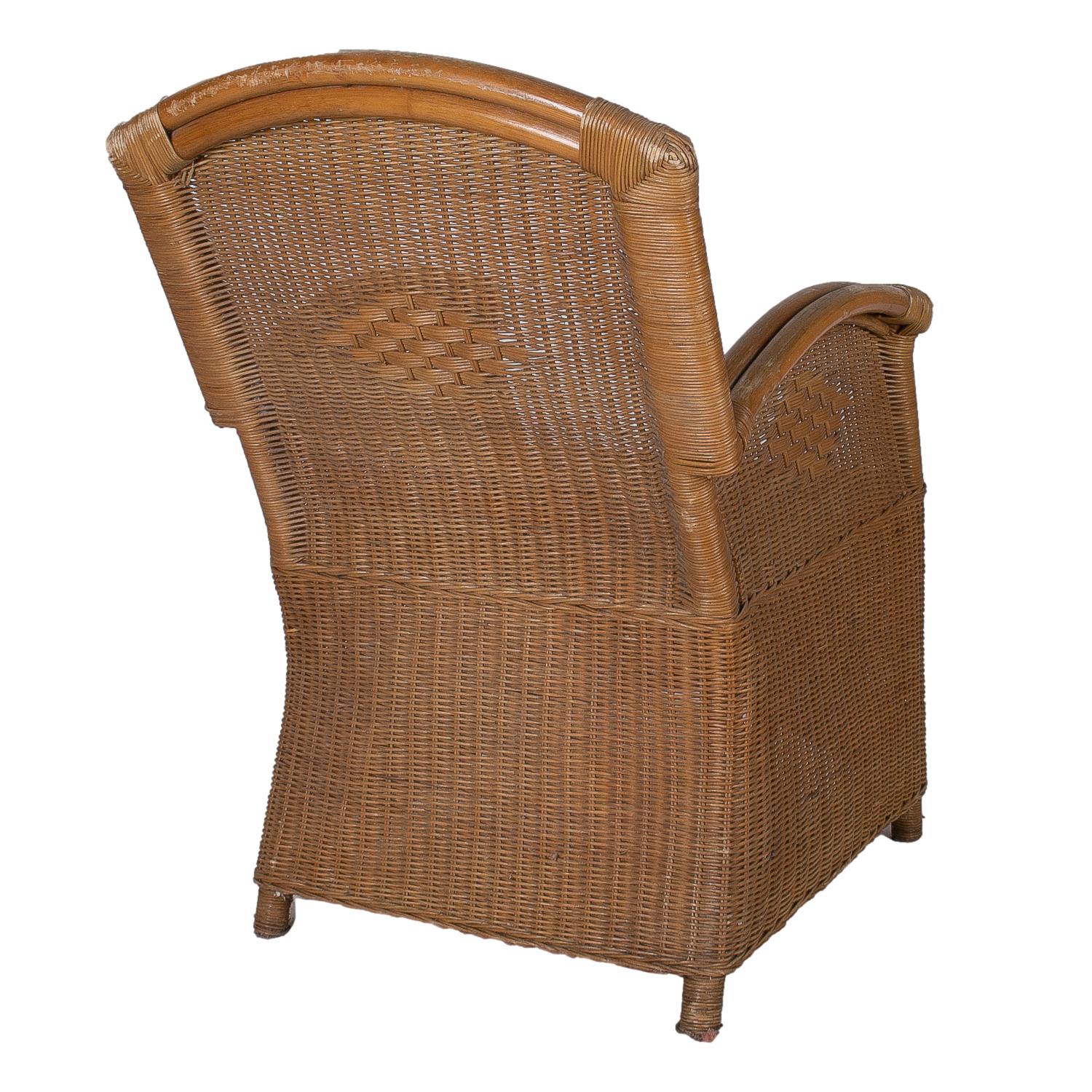 20th Century 1970s Spanish Pair of Woven Wicker & Bamboo Armchairs