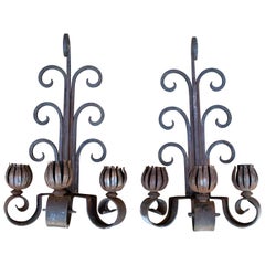 1970S Spanish Pair of Wrought Iron Wall Lamps