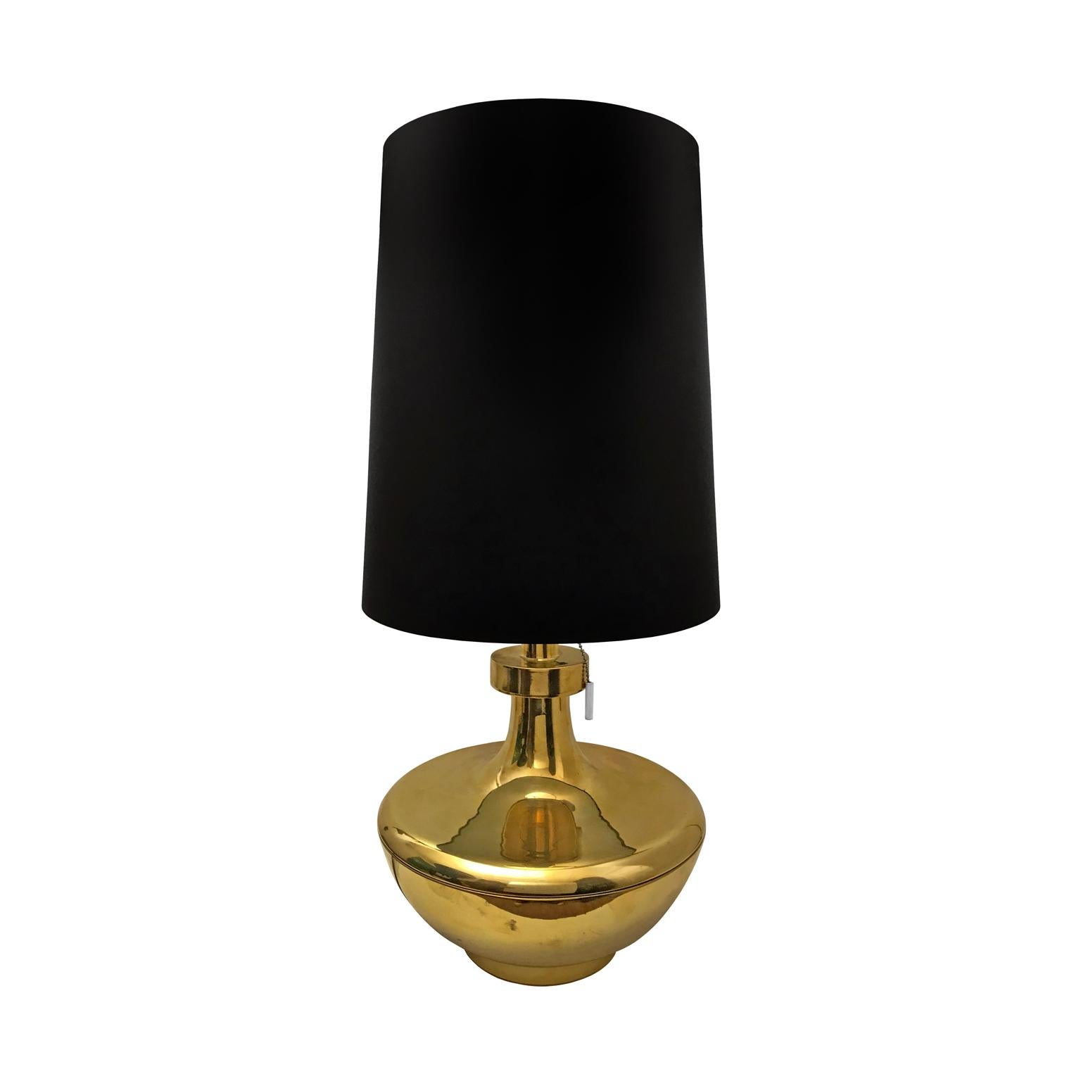 1970s Spanish Polished Brass Jar Lamp with Tall Black Drum Shade